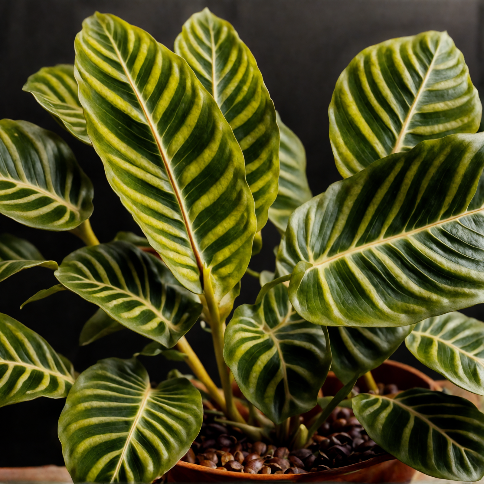 Goeppertia zebrina (zebra plant) with striped leaves in a bowl planter, against a dark background.