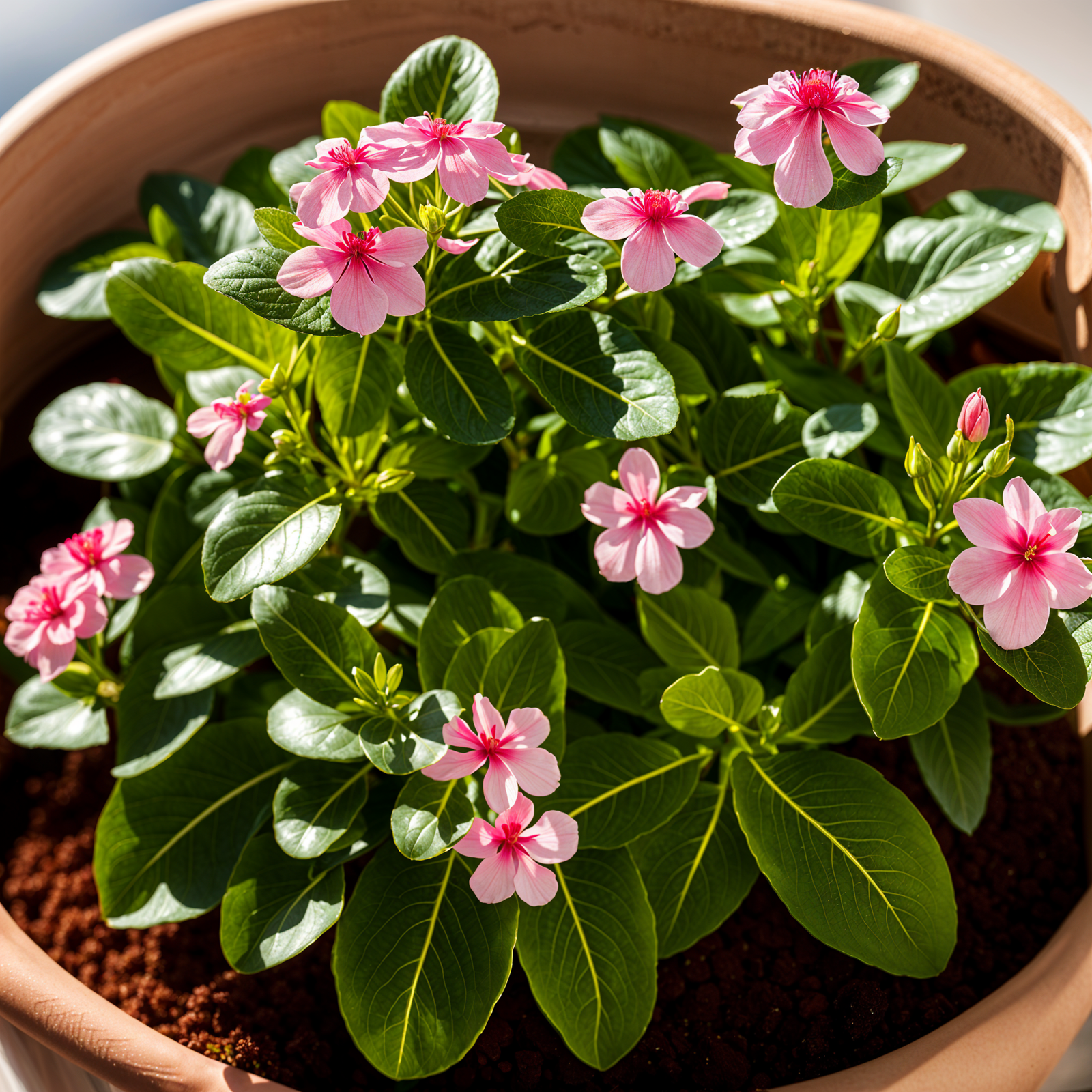 Catharanthus roseus plant with flower in a planter, under clear indoor lighting, dark background.