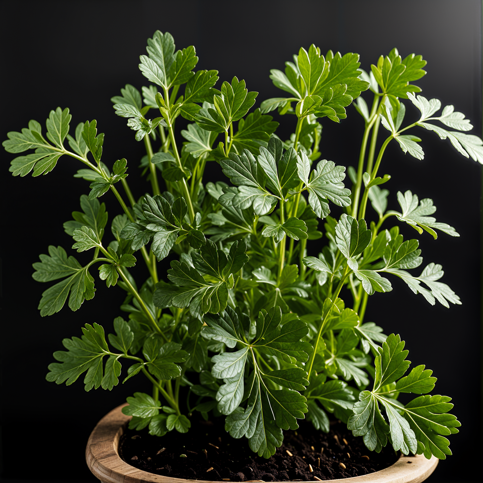 Highly detailed Petroselinum crispum (parsley) in a planter, with clear lighting and a dark background.