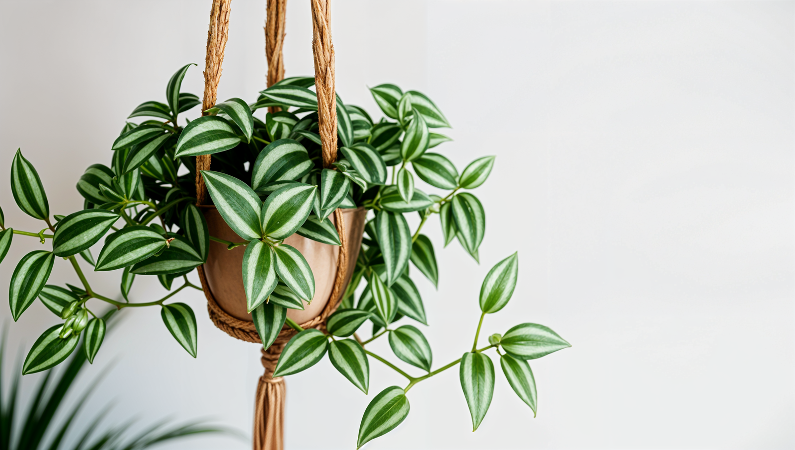 A hanging Tradescantia zebrina plant in a pot, suspended from a macrame holder in a minimalist indoor setting with soft lighting.