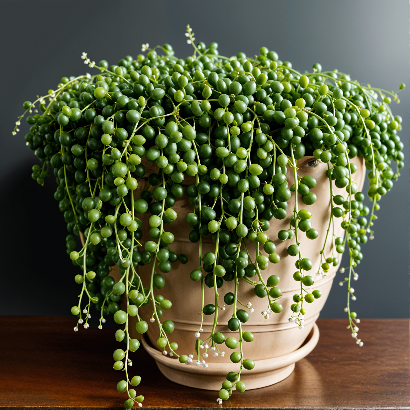 Curio rowleyanus, also known as String of Pearls, in a planter under clear indoor lighting.