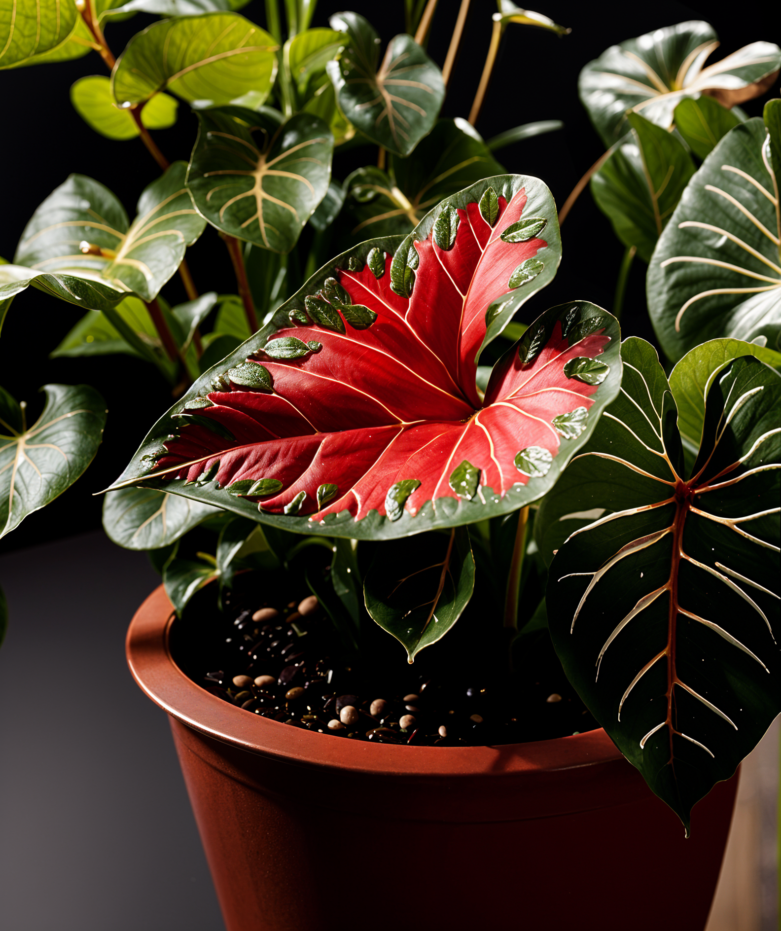Caladium bicolor plant with vibrant leaves in a planter, under clear indoor lighting, dark background.