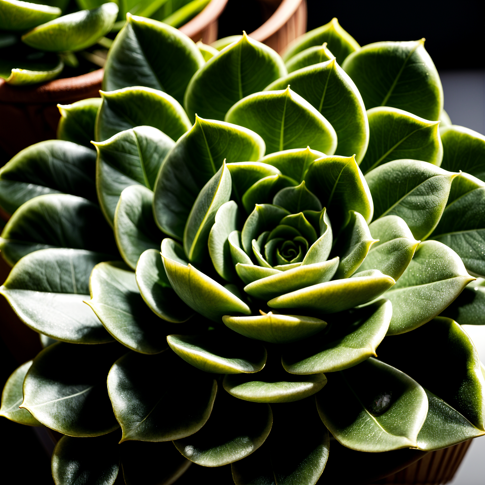 Echeveria derenbergii plant in a planter, detailed leaves, under clear indoor lighting.