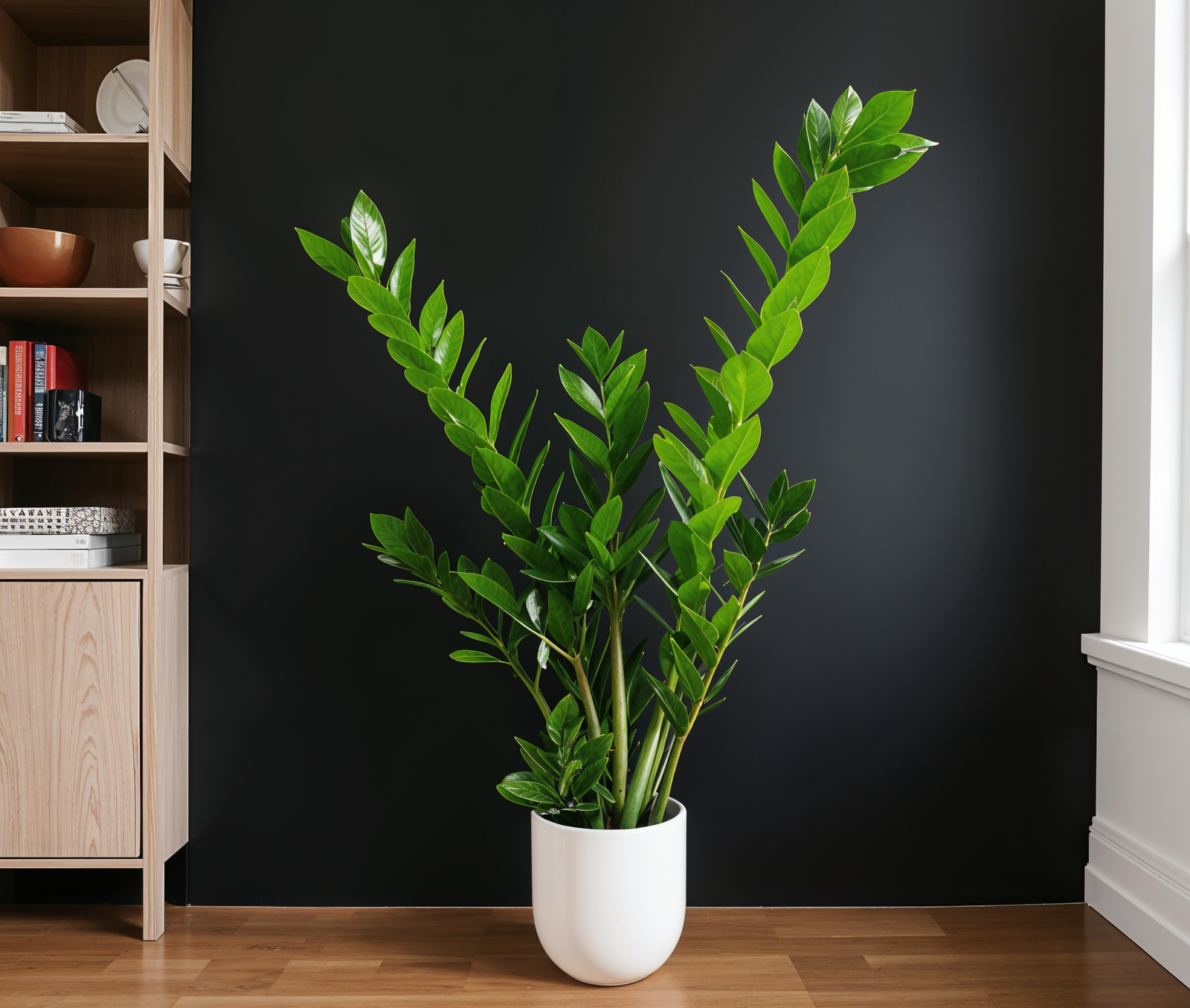 A large green Zamioculcas zamiifolia plant in a white vase, centered in a clean, minimalist room with natural lighting.