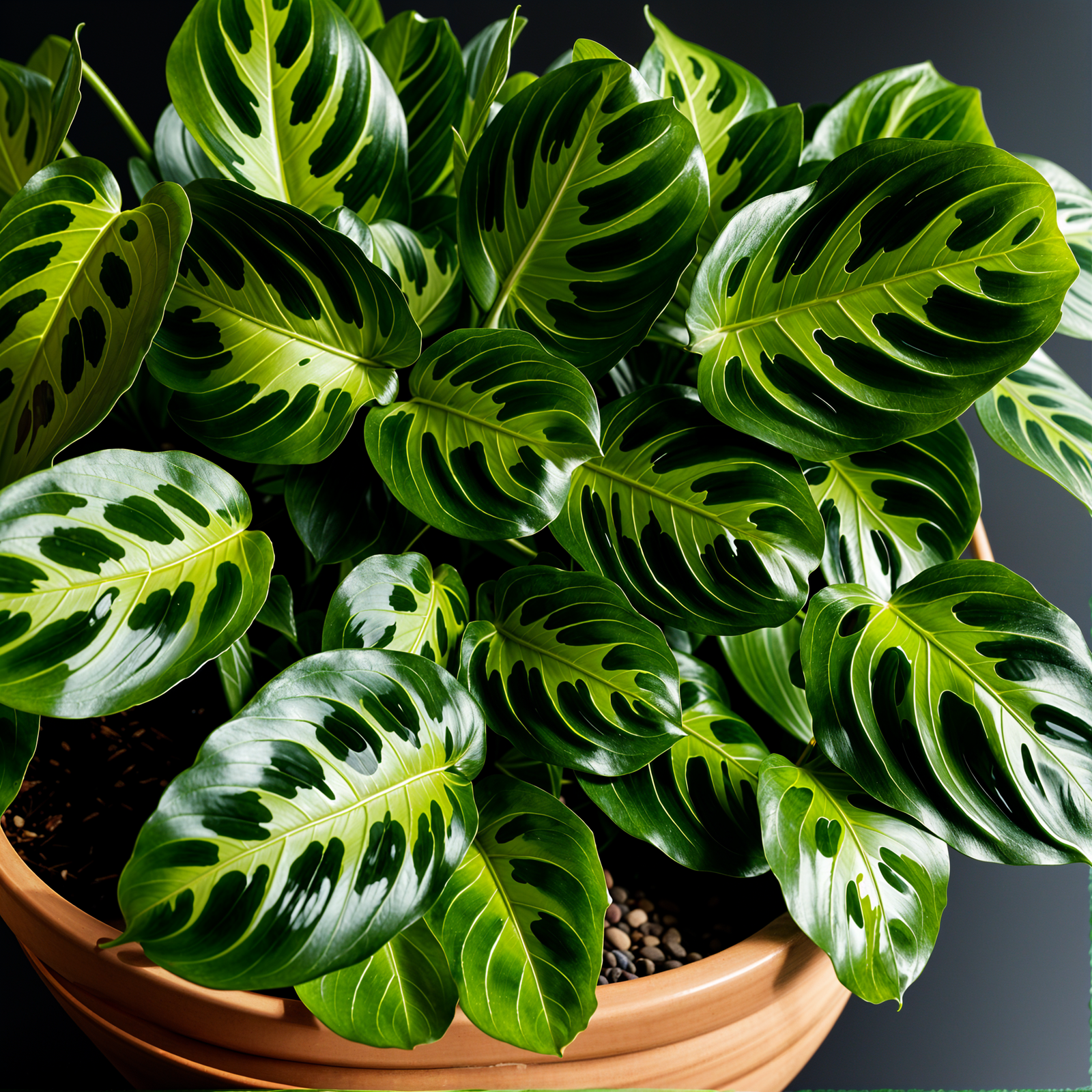 Maranta leuconeura, also known as Prayer Plant, in a planter under clear indoor lighting.