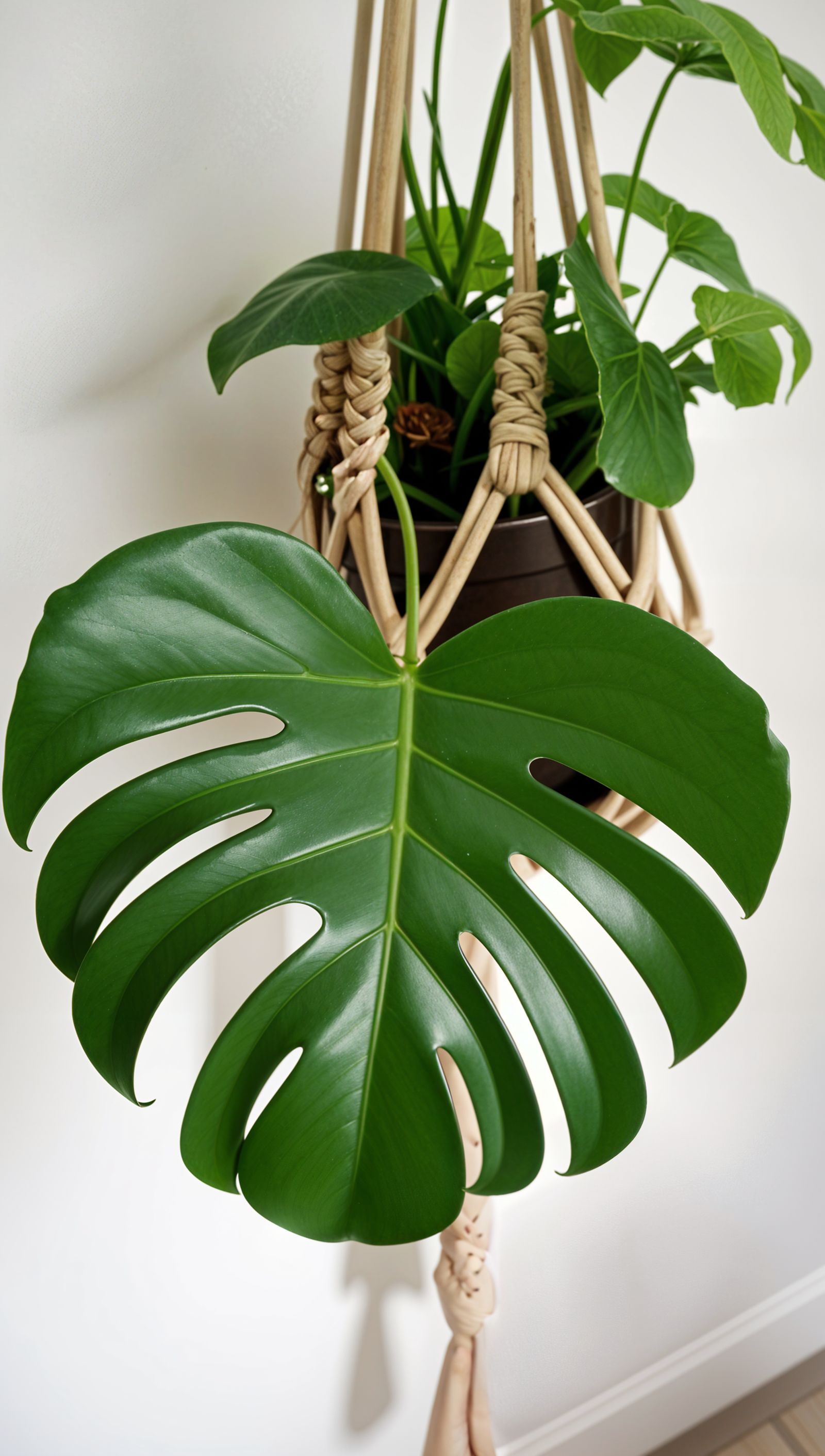 A large green Monstera deliciosa leaf hanging from a modern macrame holder in a soft lit indoor setting.