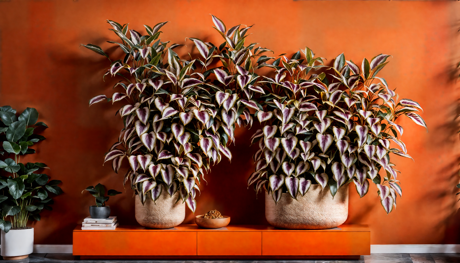 Three brown vases with Tradescantia zebrina on a floor, in a well-lit contemporary room.