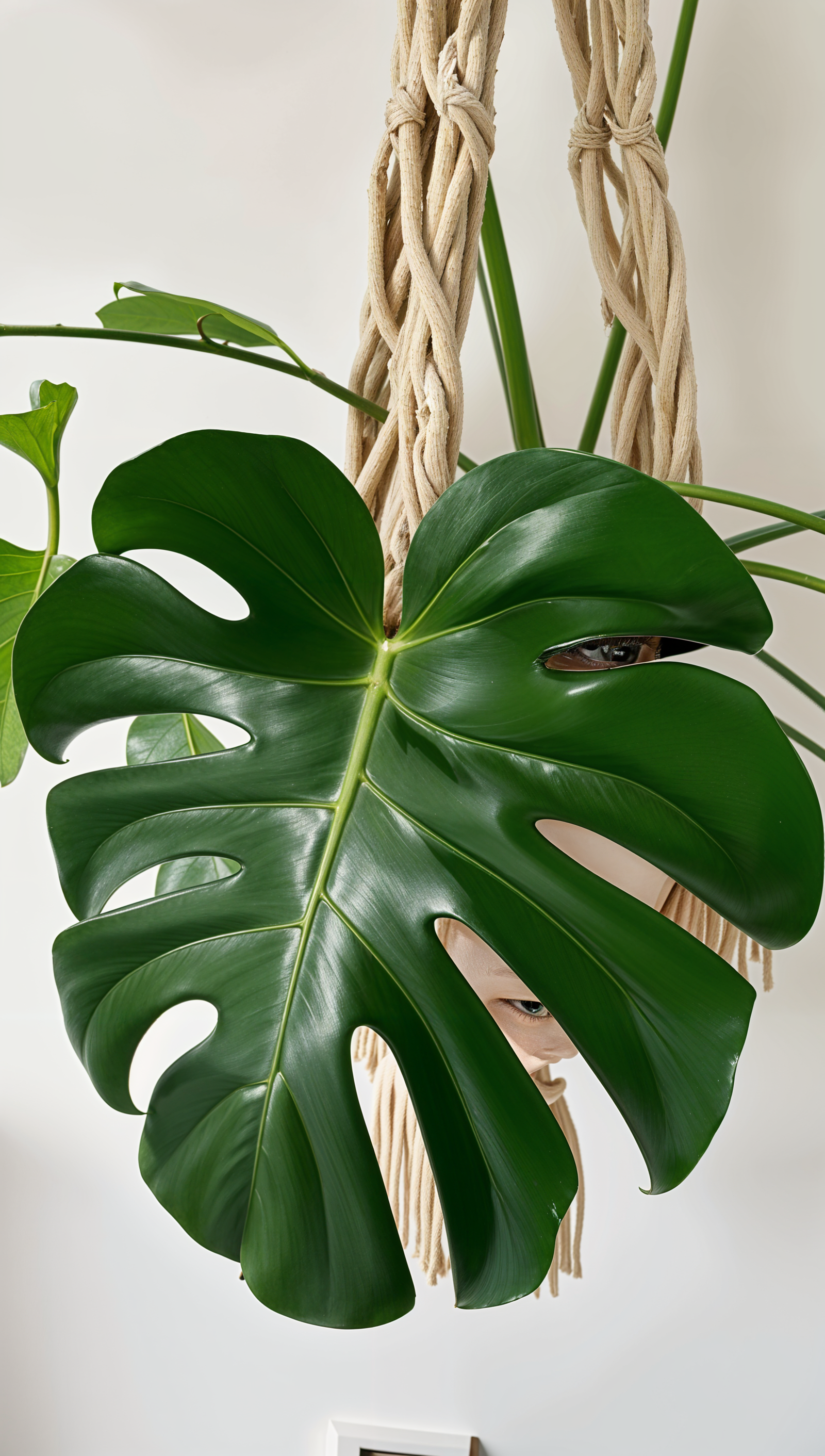 A large green Monstera deliciosa leaf hangs from a macrame holder in a soft lit indoor setting.