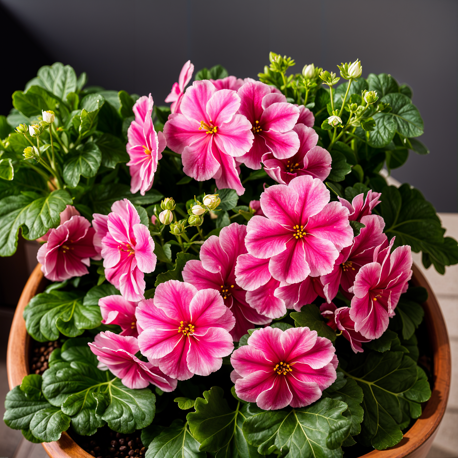 Primula obconica plant with flower in a planter, showcased in clear indoor lighting.