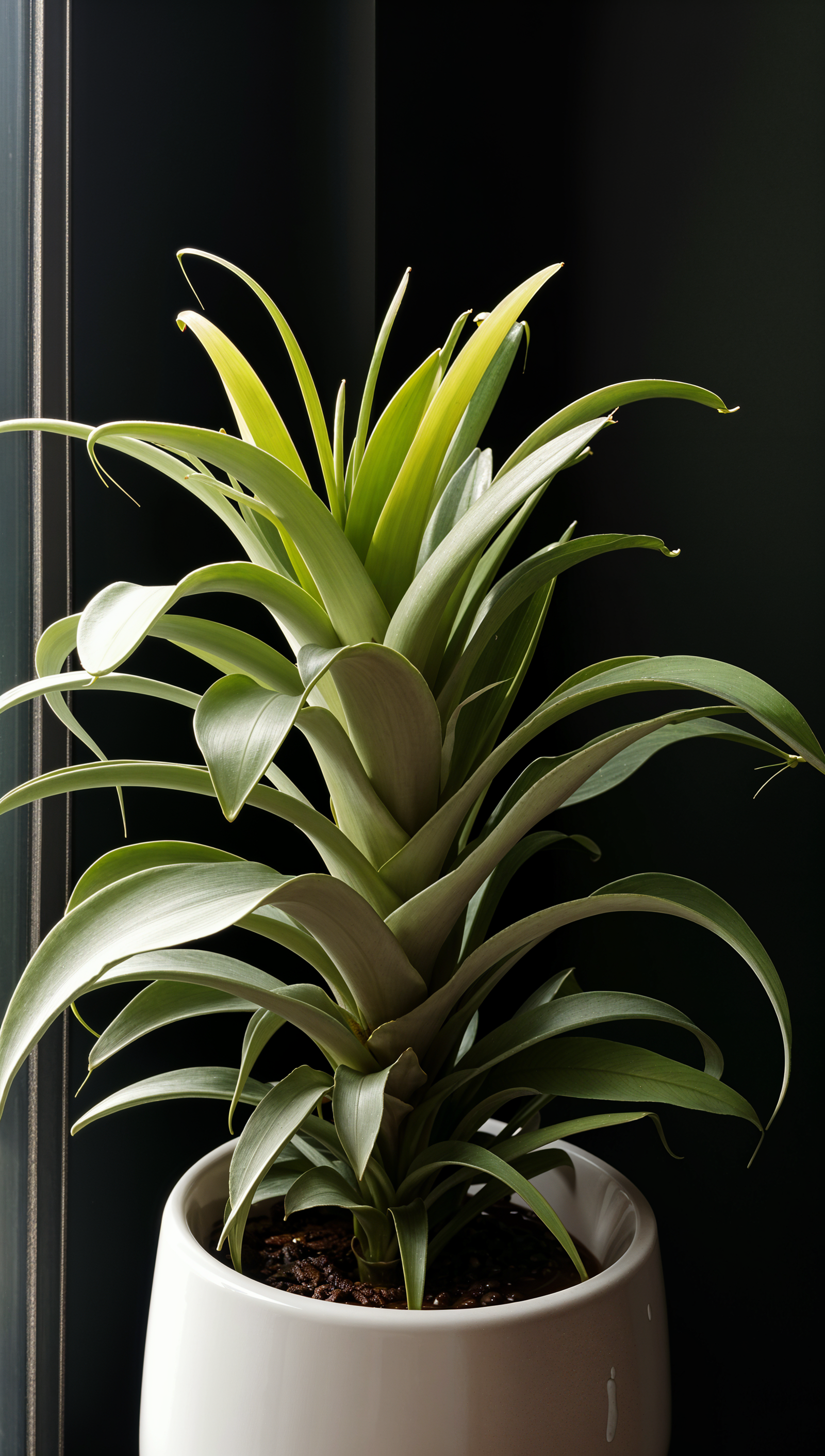 A Tillandsia xerographica plant in a modern planter on a window sill, highlighted by natural light.