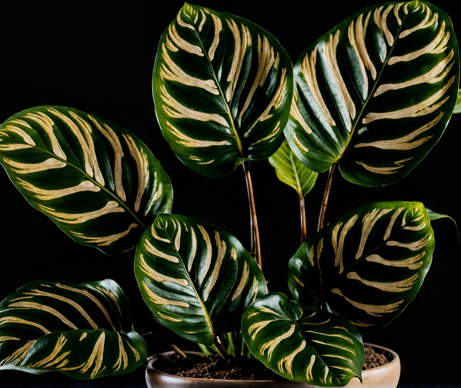 Three unripe bananas in a bowl beside a potted Goeppertia makoyana with a dark background.