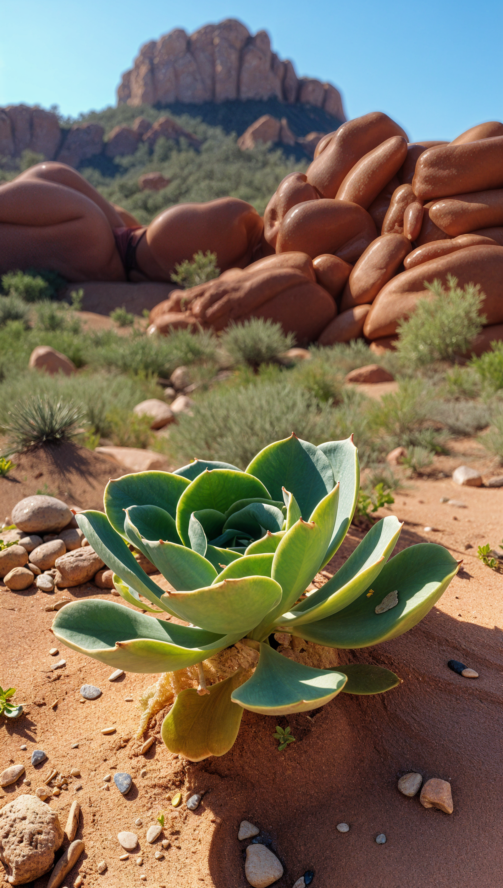 A TOK plant (Echeveria secunda) grows in the desert, surrounded by sand and red rock formations, with warm sunlight highlighting its features.