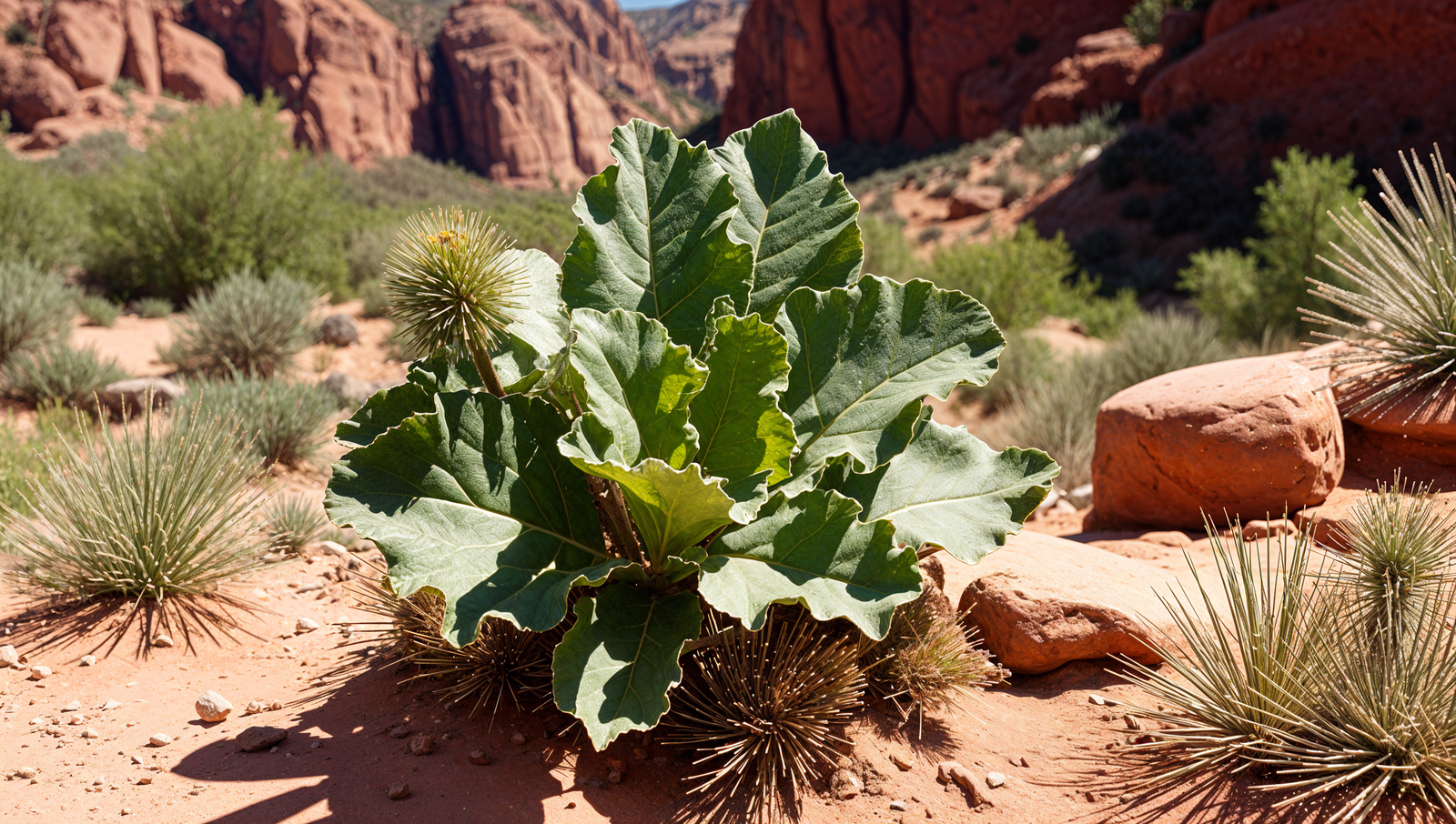 A TOK plant (Arctium lappa) stands in a desert landscape with red rock formations and scattered flora, bathed in bright southwestern sunlight.