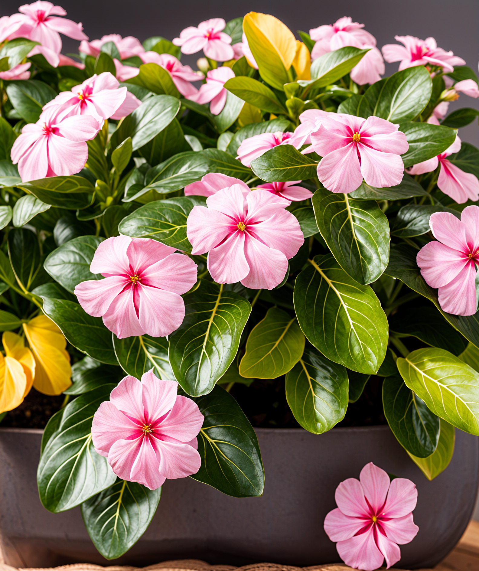 Highly detailed Catharanthus roseus in a planter, with a flower, against a dark background.