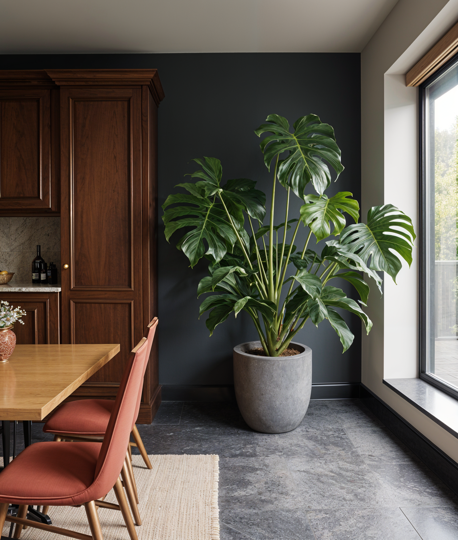 Monstera deliciosa plant in a grey pot on a wooden table.