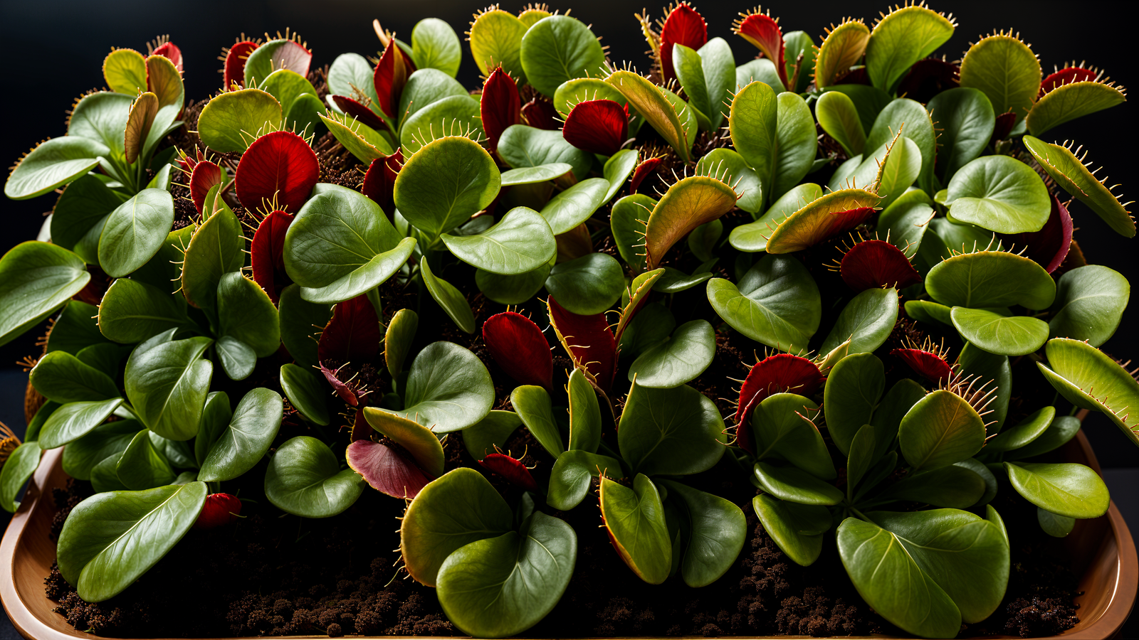 Dionaea muscipula, or Venus flytrap, in a planter with clear lighting and a dark background.