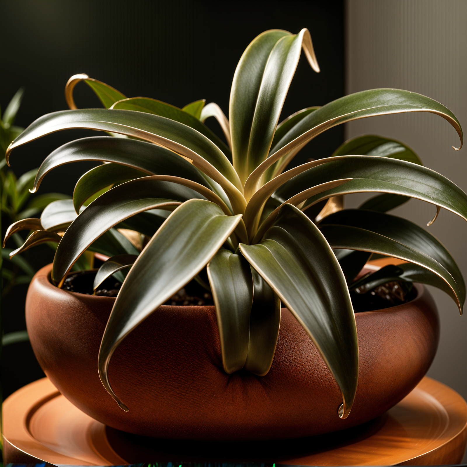 Tillandsia xerographica plant in a planter, detailed leaves, in a well-lit indoor setting.