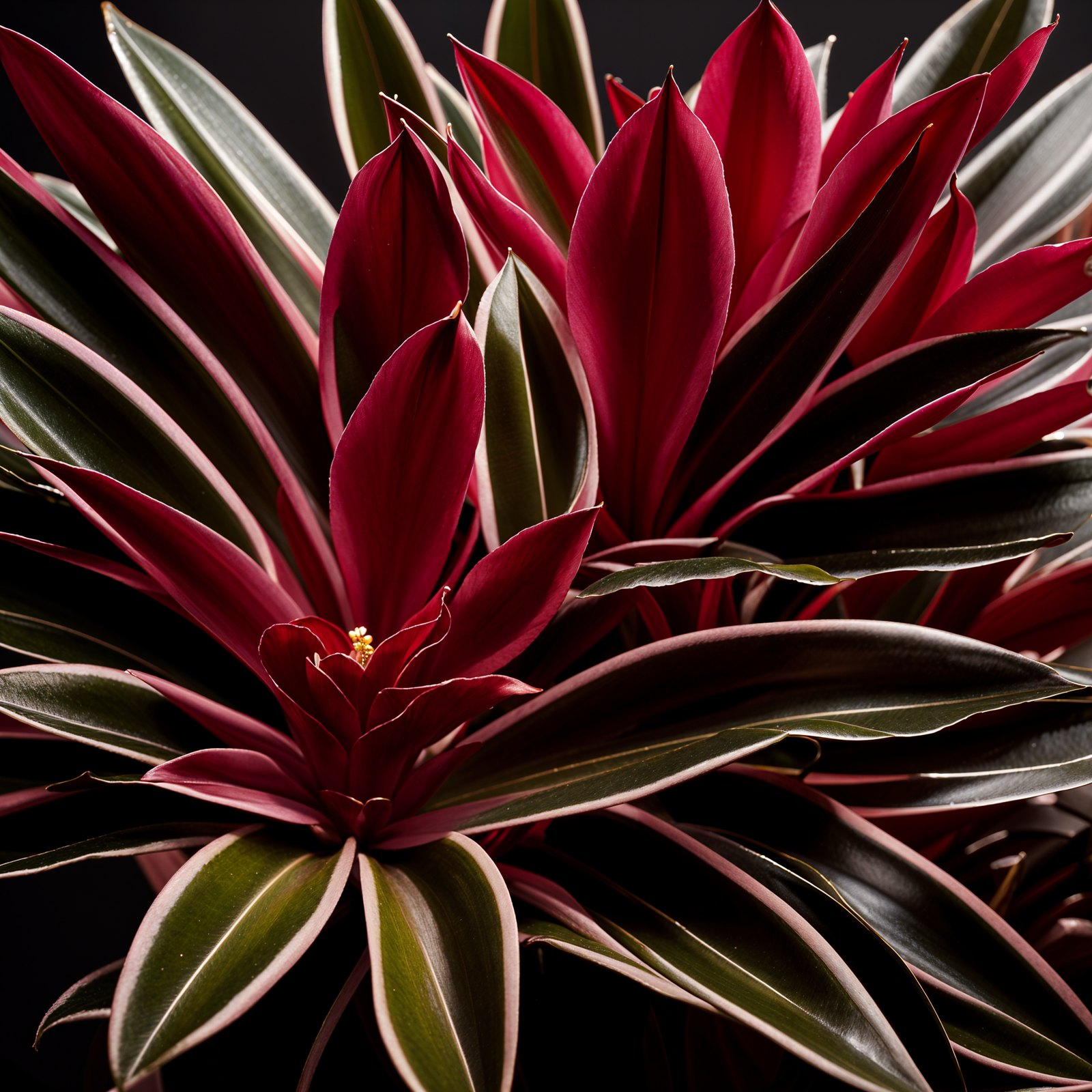 Tradescantia spathacea plant with detailed leaves in a planter, under clear indoor lighting.