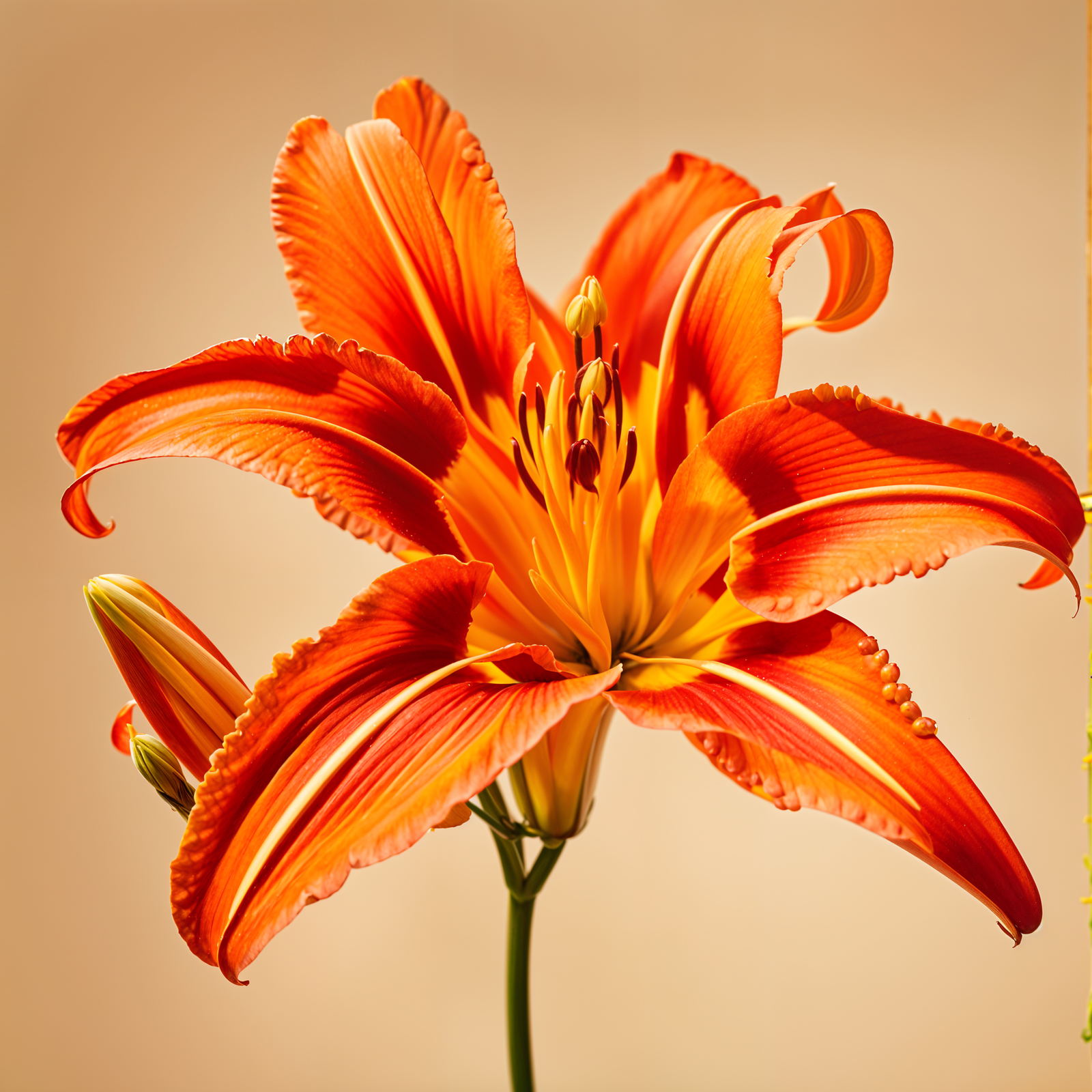 Hyper-realistic image of a Hemerocallis fulva flower, isolated and centered on a light background.
