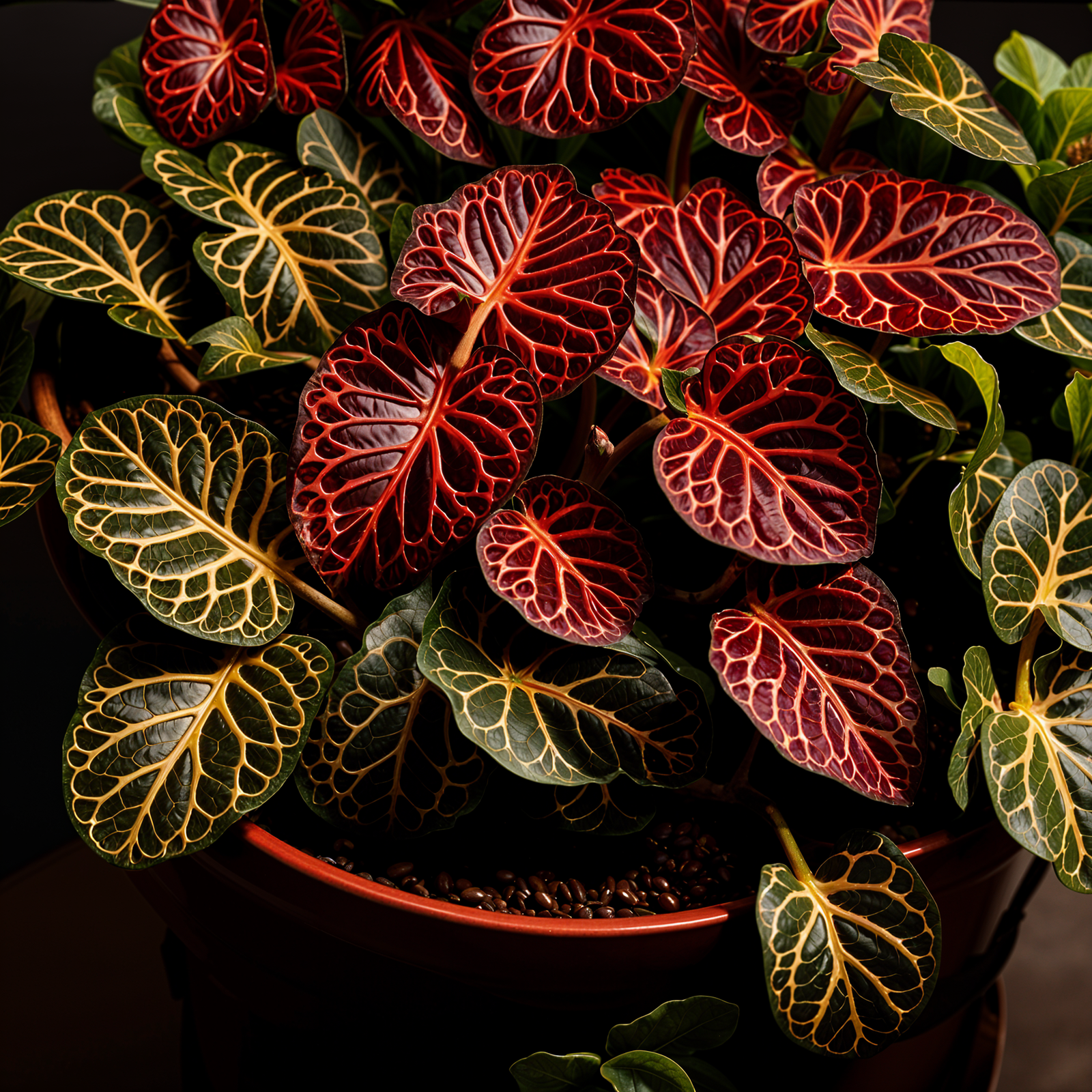 Fittonia albivenis plant with detailed leaves in a planter, set against a dark background indoors.