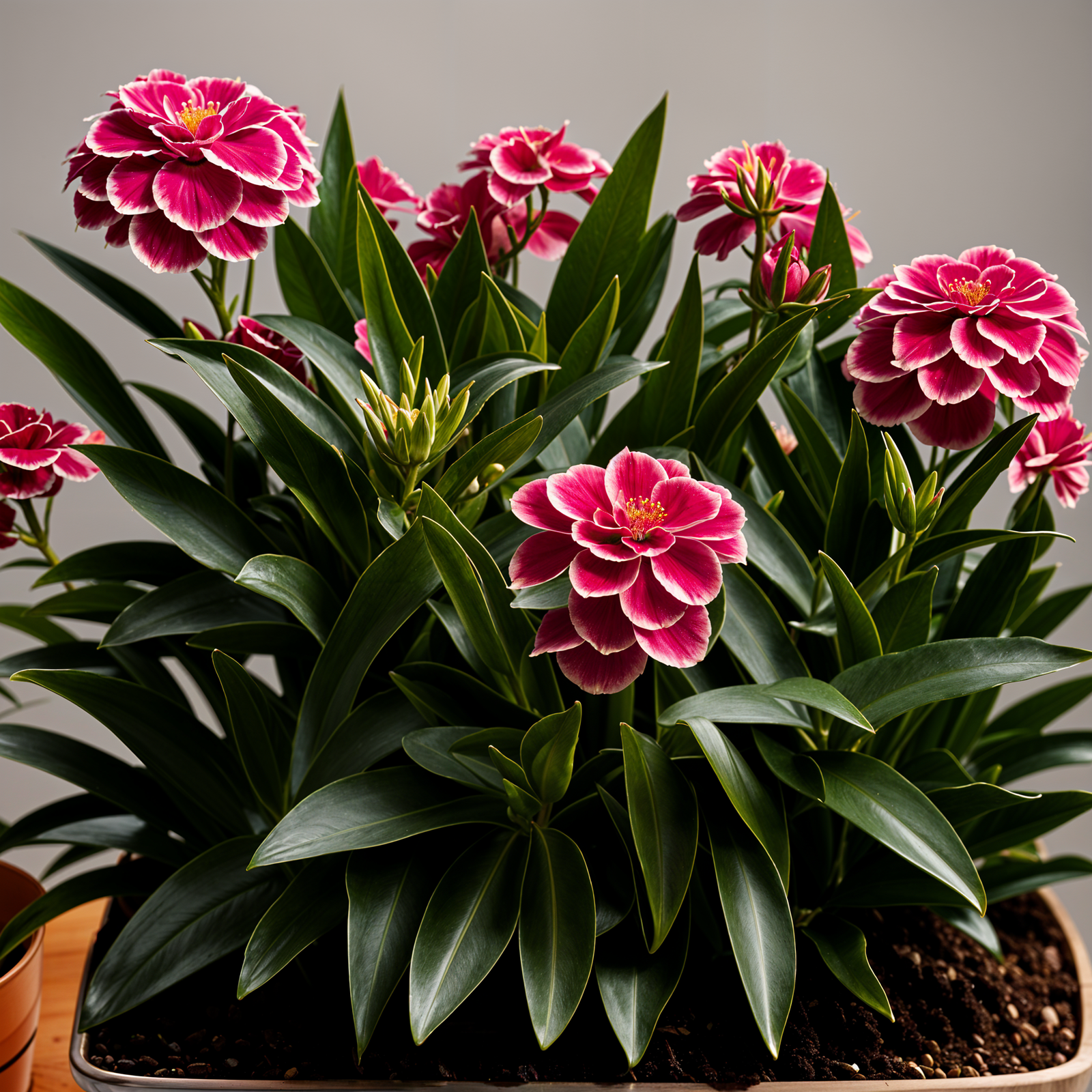 Dianthus caryophyllus in a planter, with a flower, under clear lighting, against a dark background.