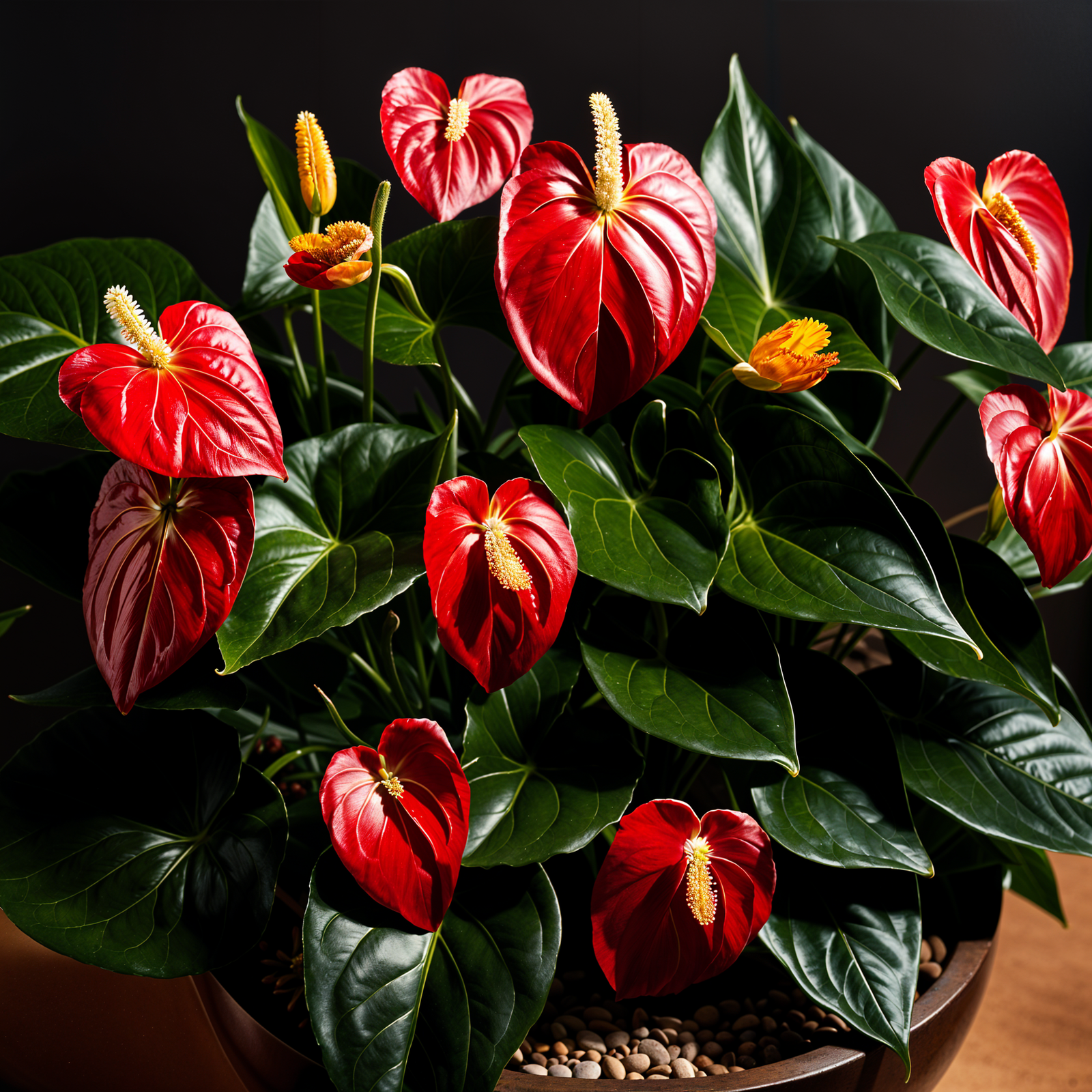 Anthurium scherzerianum in a planter, with a flower, under clear lighting against a dark background.