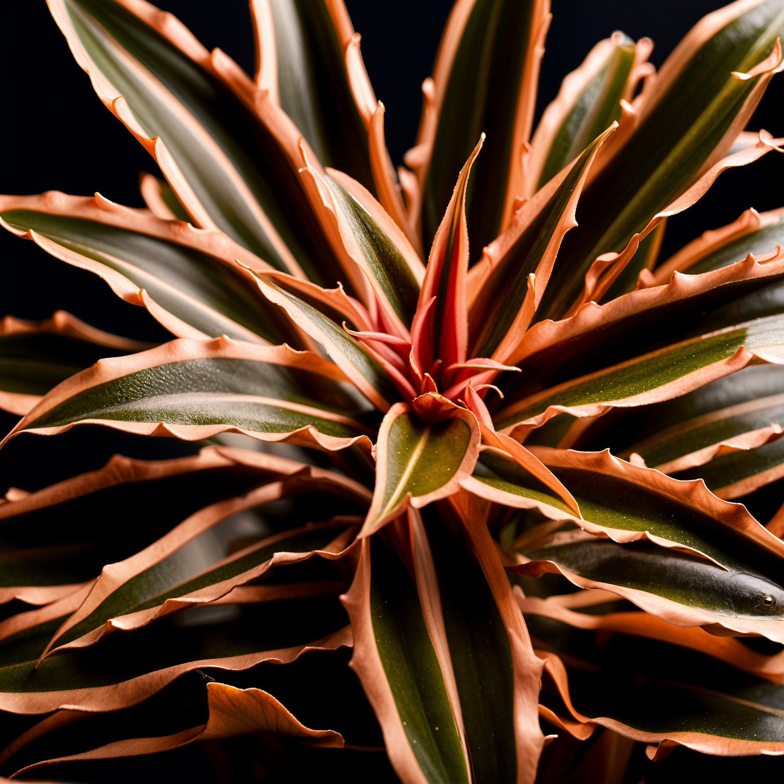 Cryptanthus bivittatus plant with detailed leaves in a planter, set against a dark background indoors.