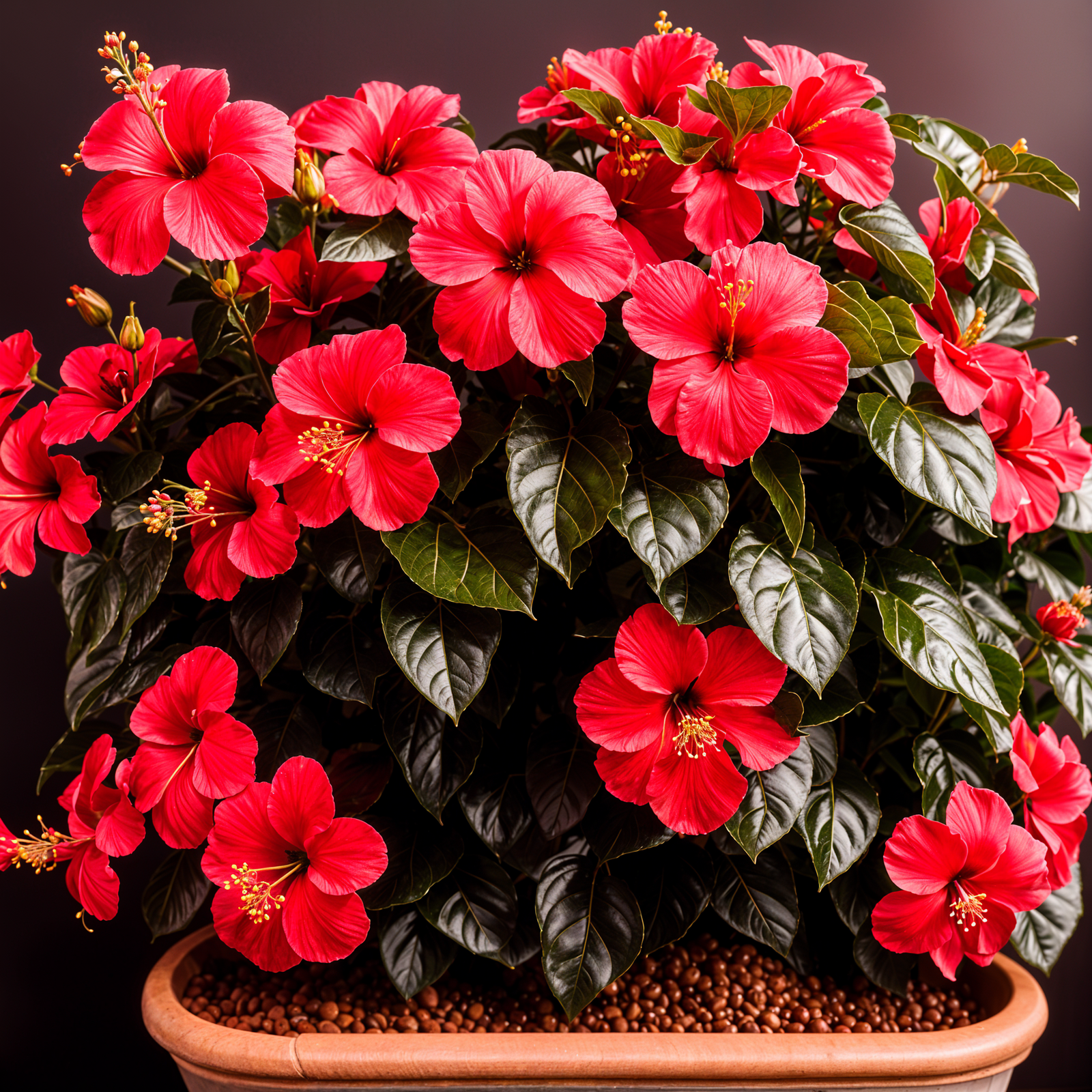 Highly detailed Hibiscus rosa-sinensis in a planter, with a flower, against a dark background.