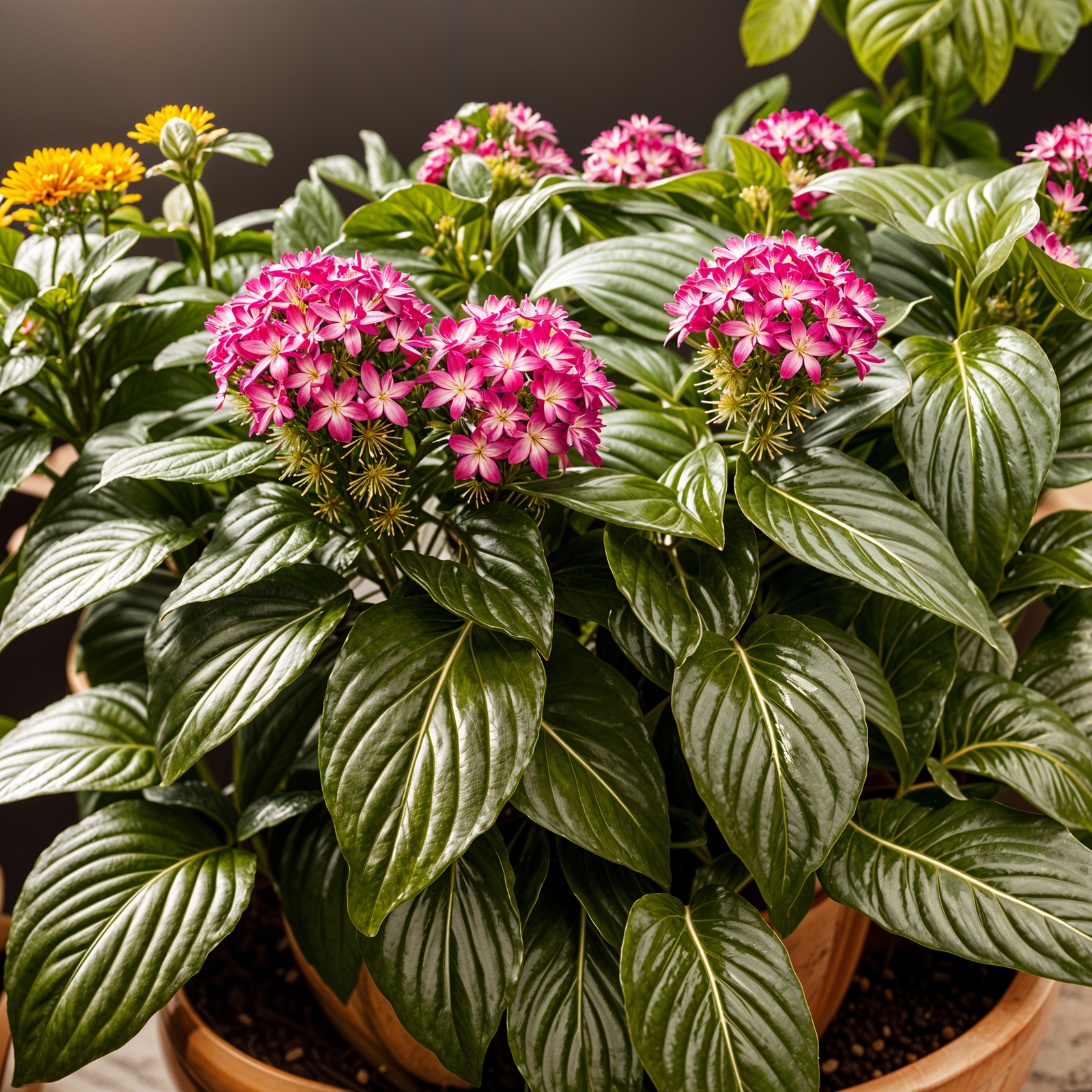 Pentas lanceolata plant with flower in a planter, under clear indoor lighting, dark background.