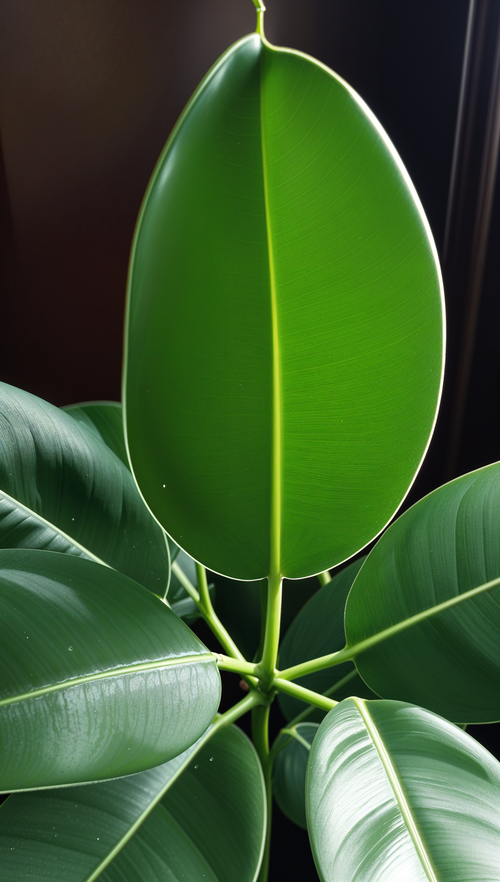 A close-up of a green Ficus elastica plant with leaves in a modern planter, lit by natural light.