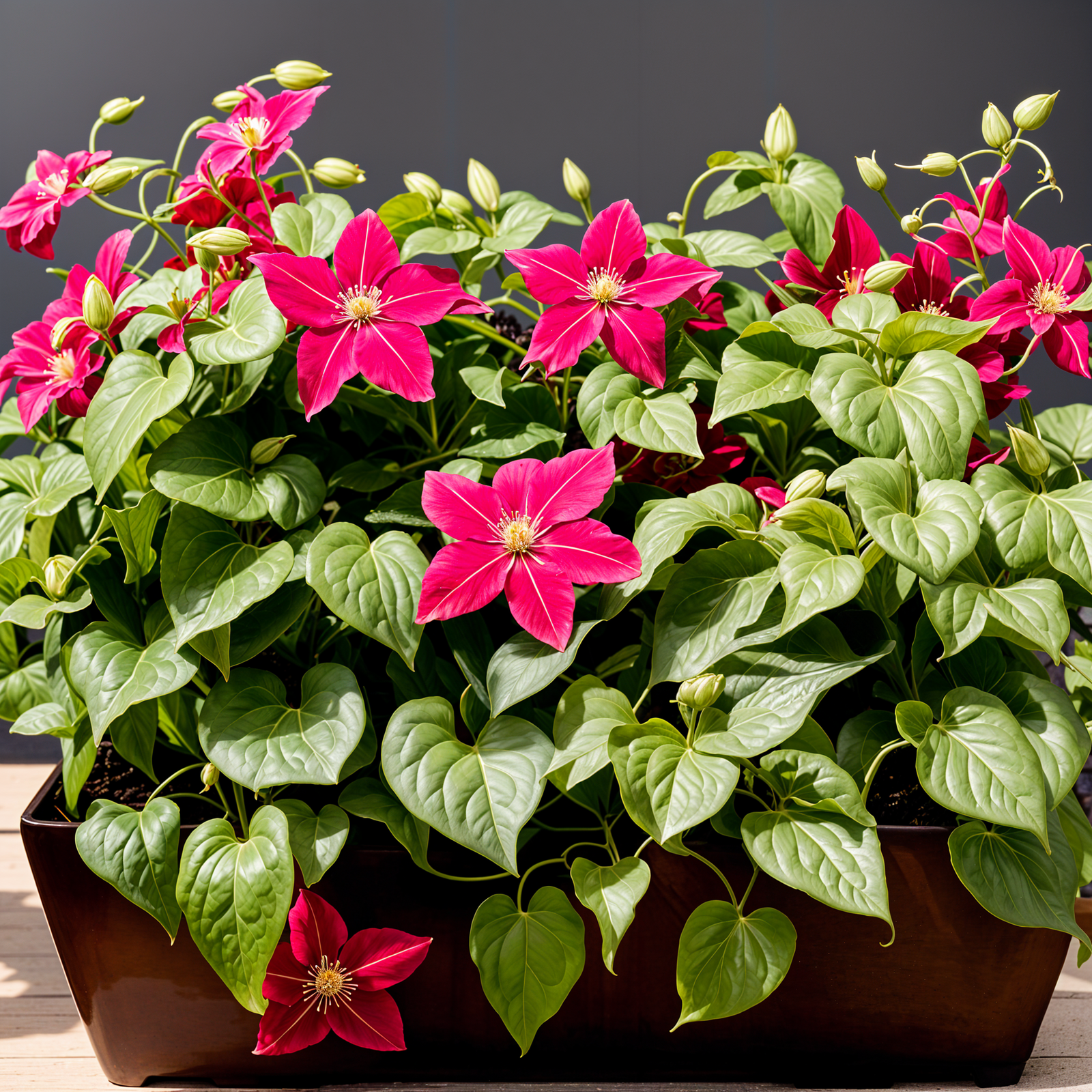 Clematis viticella plant in a planter, with a blooming flower and vine, in clear indoor lighting.