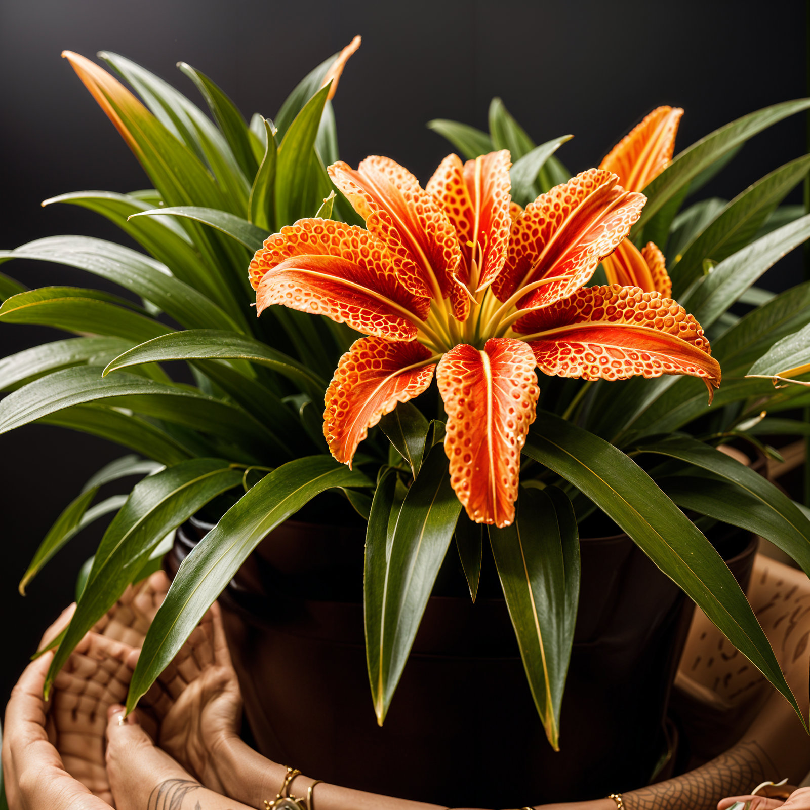 Highly detailed Lilium lancifolium in a planter, with a flower, against a dark background.