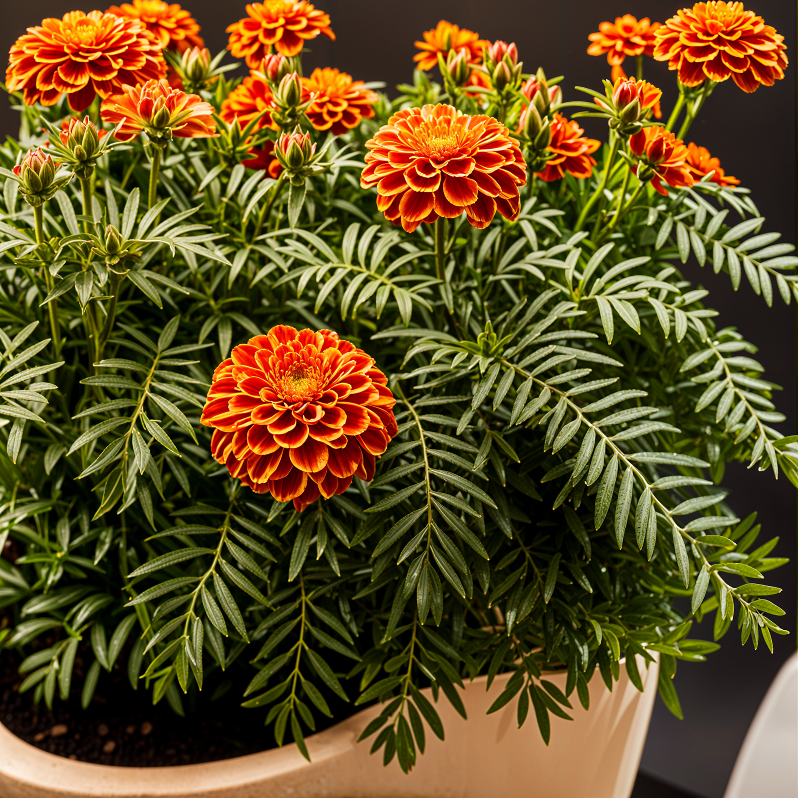 Tagetes erecta plant with flower in a planter, under clear lighting, against a dark background.