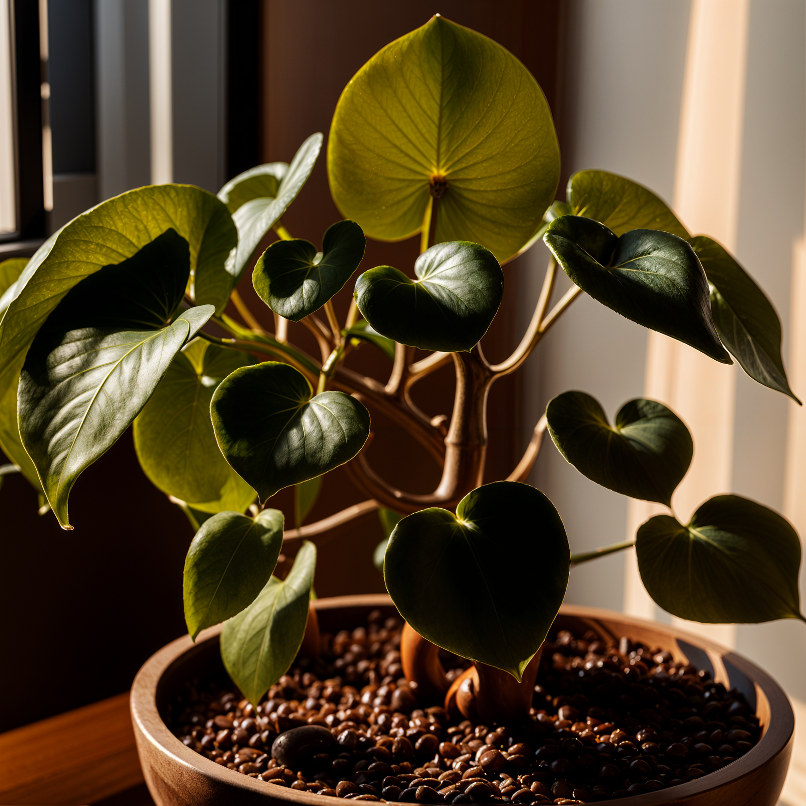 Peperomia polybotrya plant with detailed leaves in a planter, under clear indoor lighting.