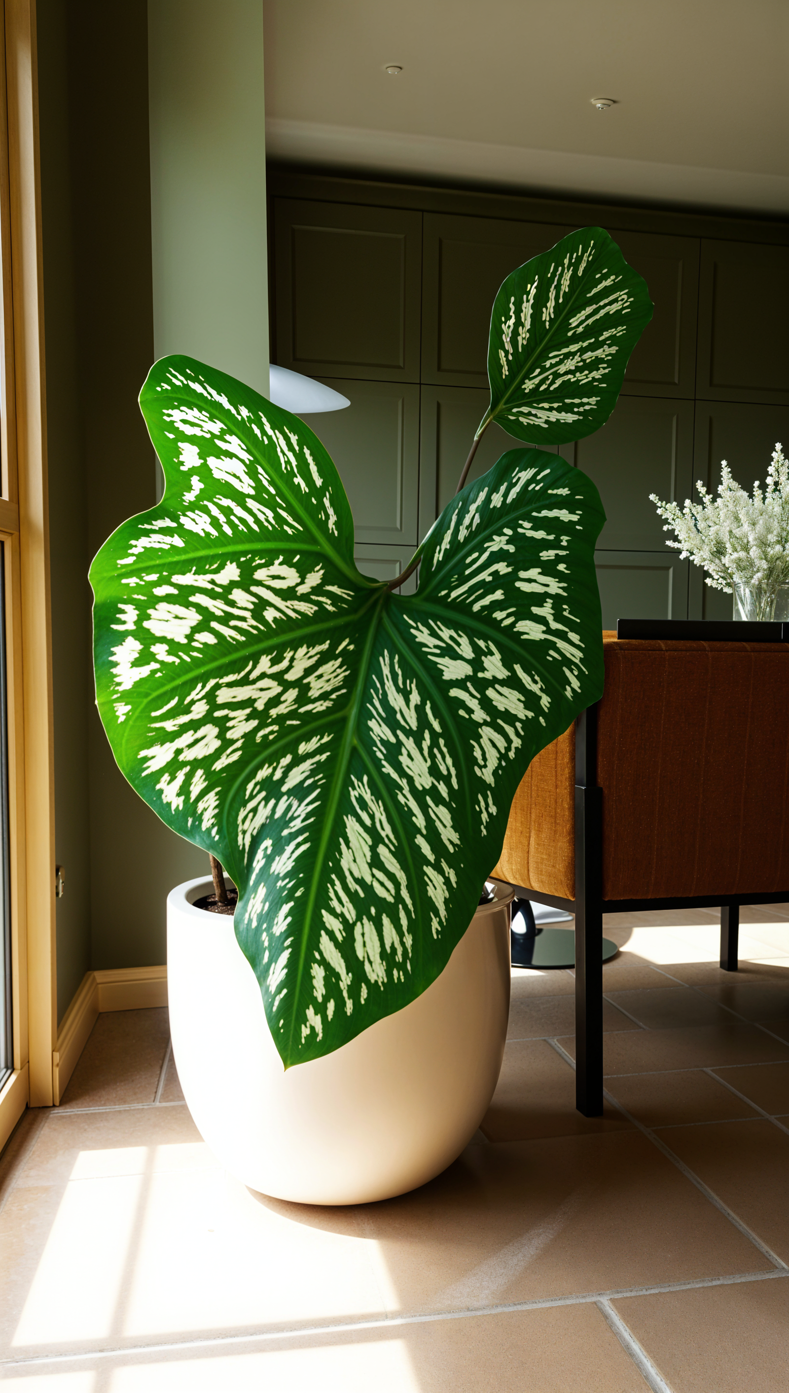 Large green Caladium plant in a white pot, set against a dark green accent wall.