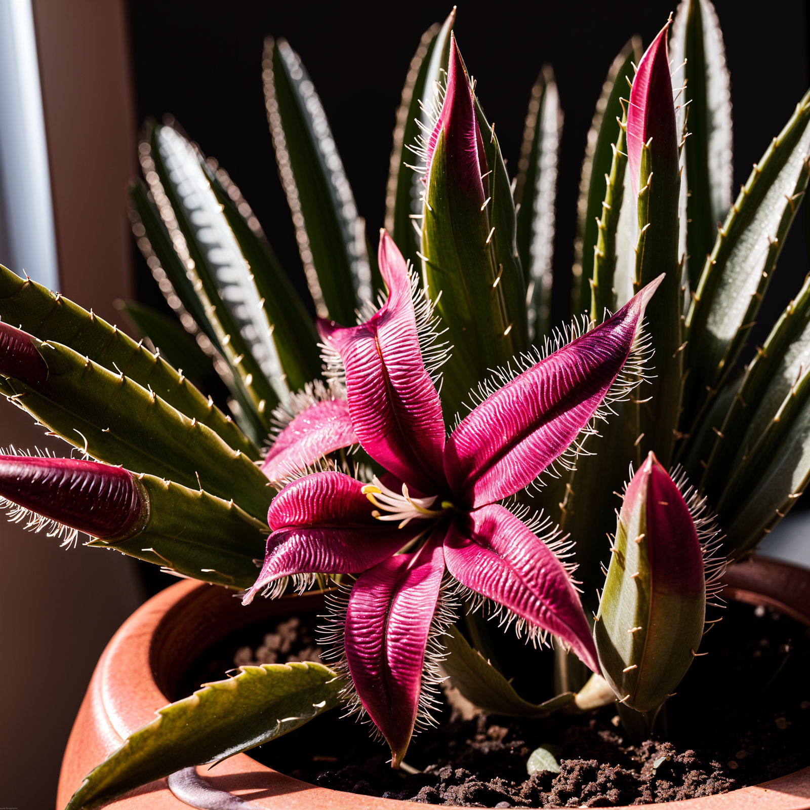 Stapelia hirsuta plant with flower in a planter, under clear indoor lighting, dark background.