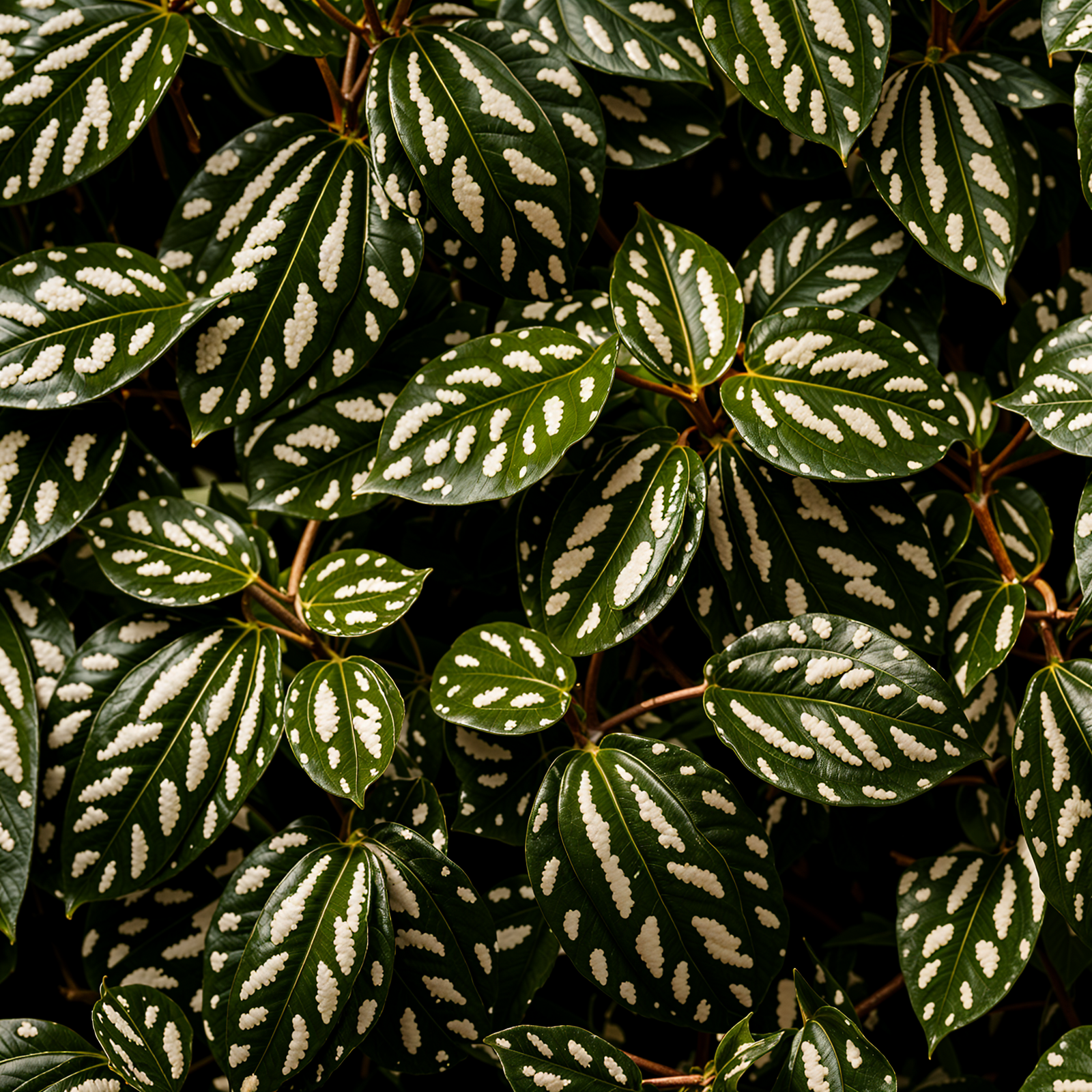 Pilea cadierei plant with detailed leaves in a planter, under clear indoor lighting, dark background.