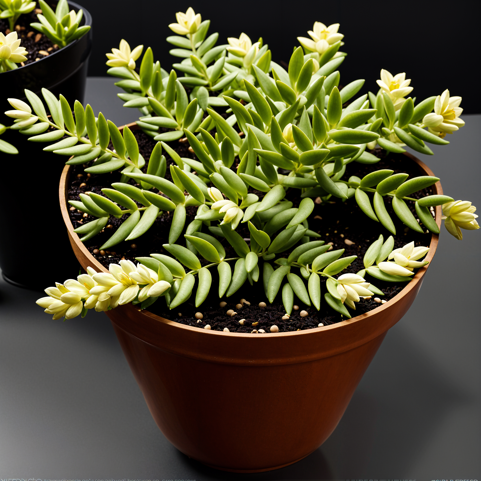 Sedum morganianum, also known as Burros Tail, in a planter under clear indoor lighting.