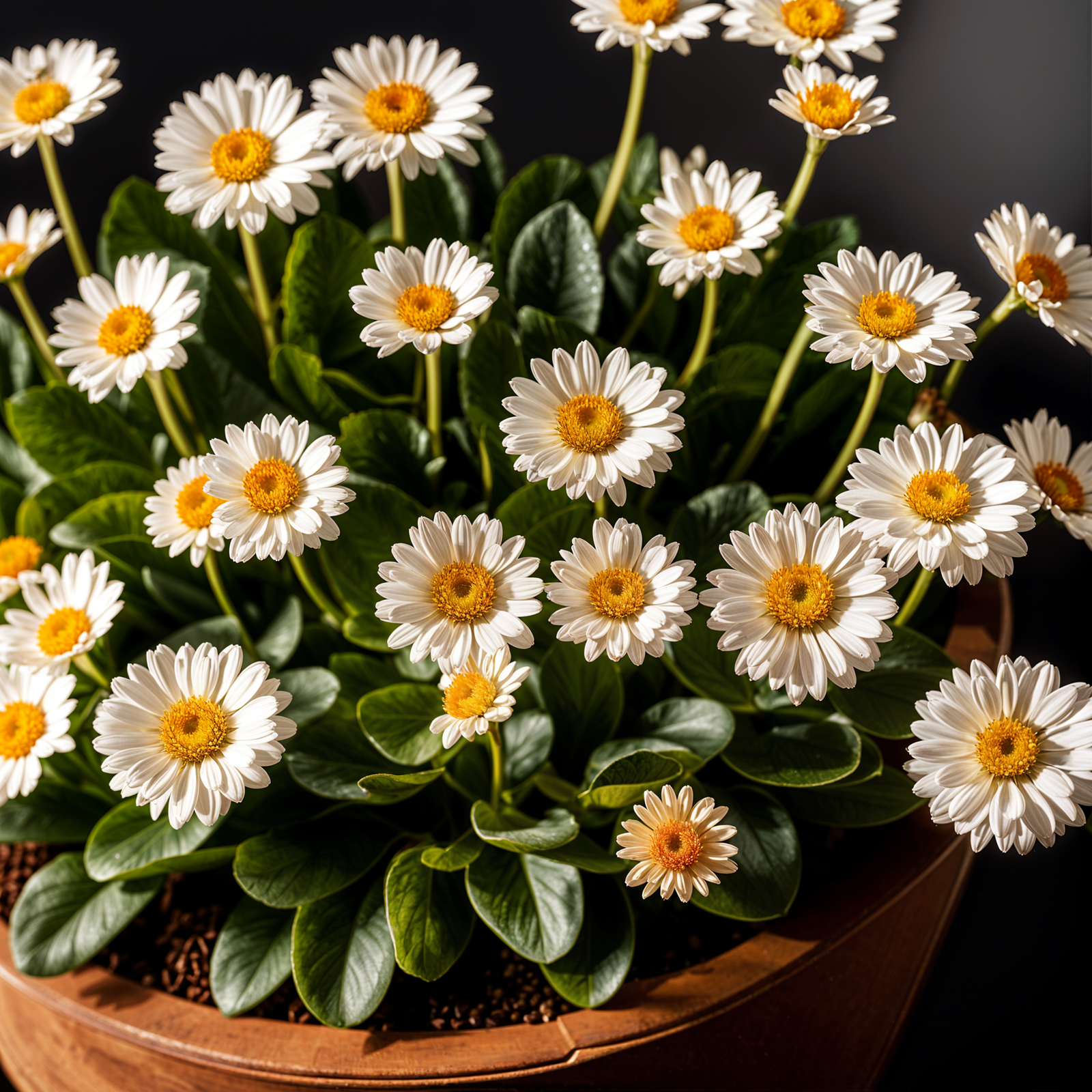 Bellis perennis plant with flower in a planter, under clear lighting, against a dark background.