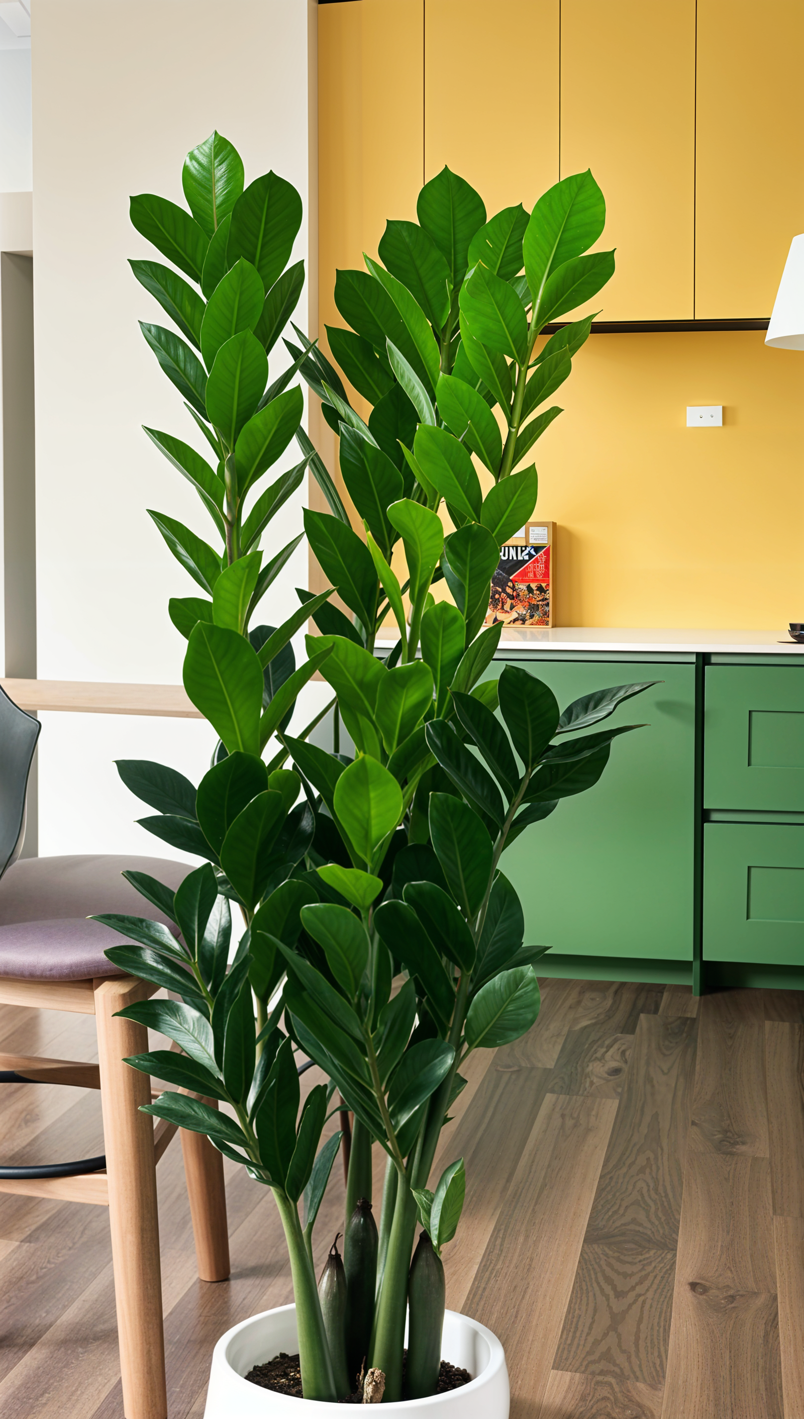 A potted Zamioculcas zamiifolia plant on a wooden table with natural lighting.