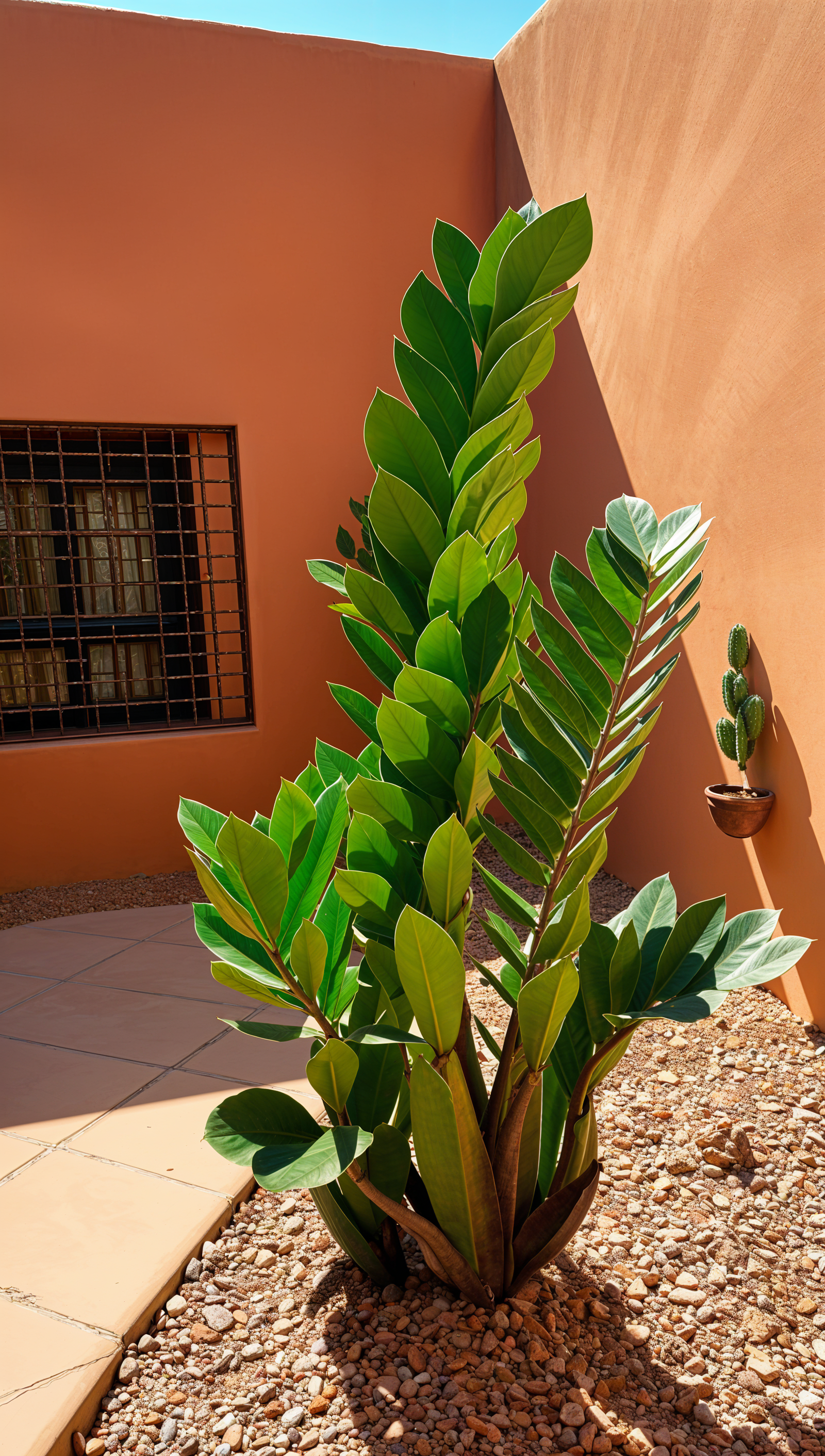 A large green Zamioculcas zamiifolia plant in a sun-drenched rock garden with traditional terracotta walls.