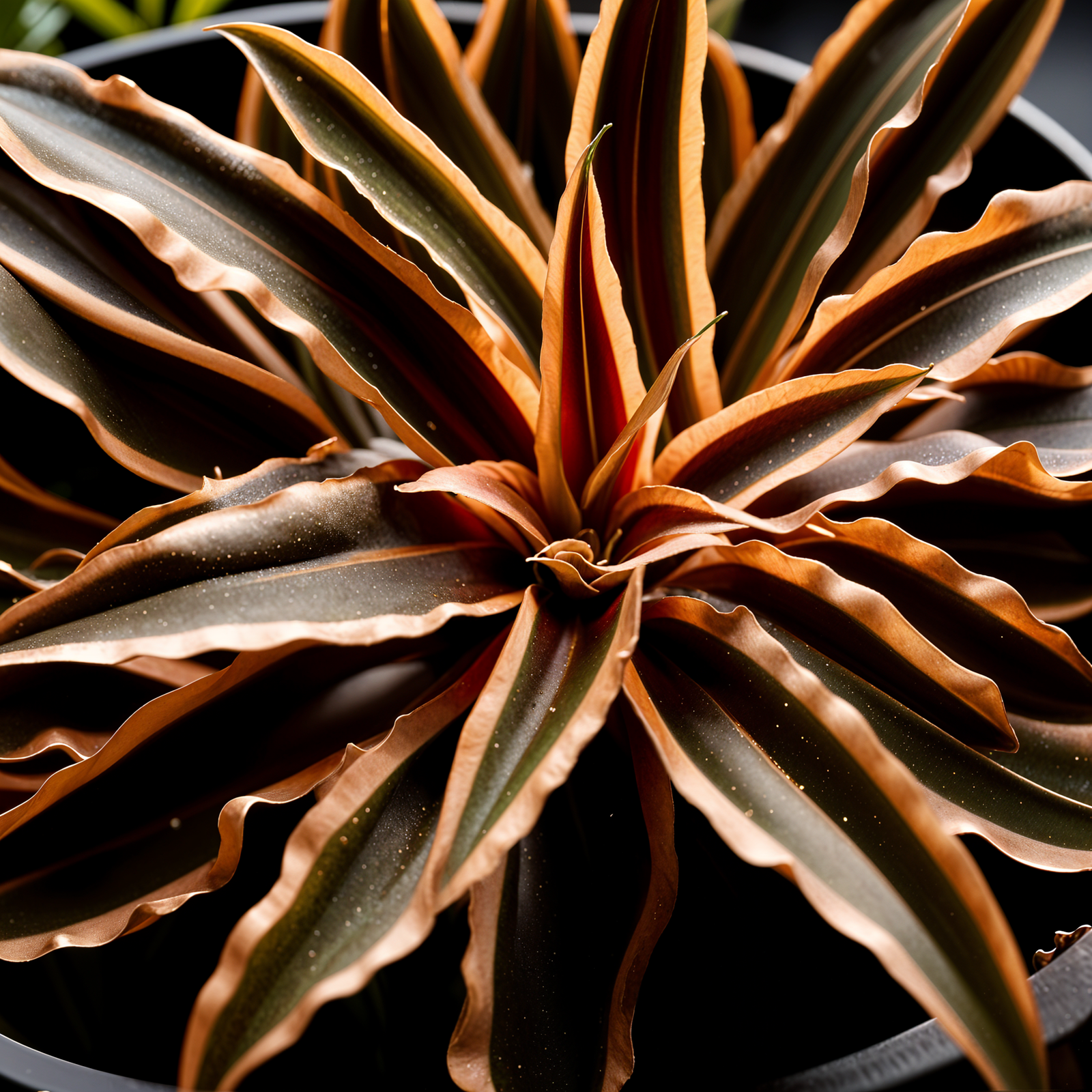 Highly detailed Cryptanthus bivittatus in a planter, with clear lighting and a dark background.