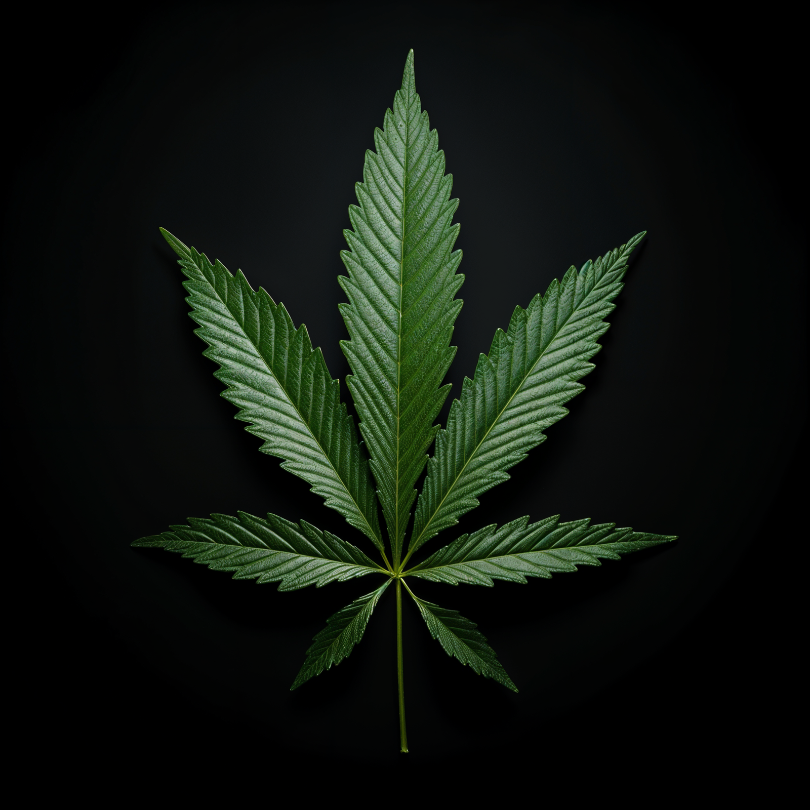 A close-up of a green Cannabis sativa leaf on a black background.