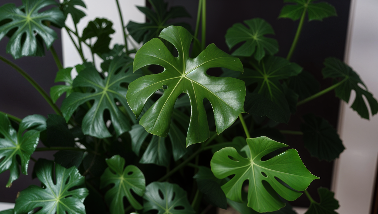 A Monstera deliciosa plant with green leaves in a white vase, lit by natural light.