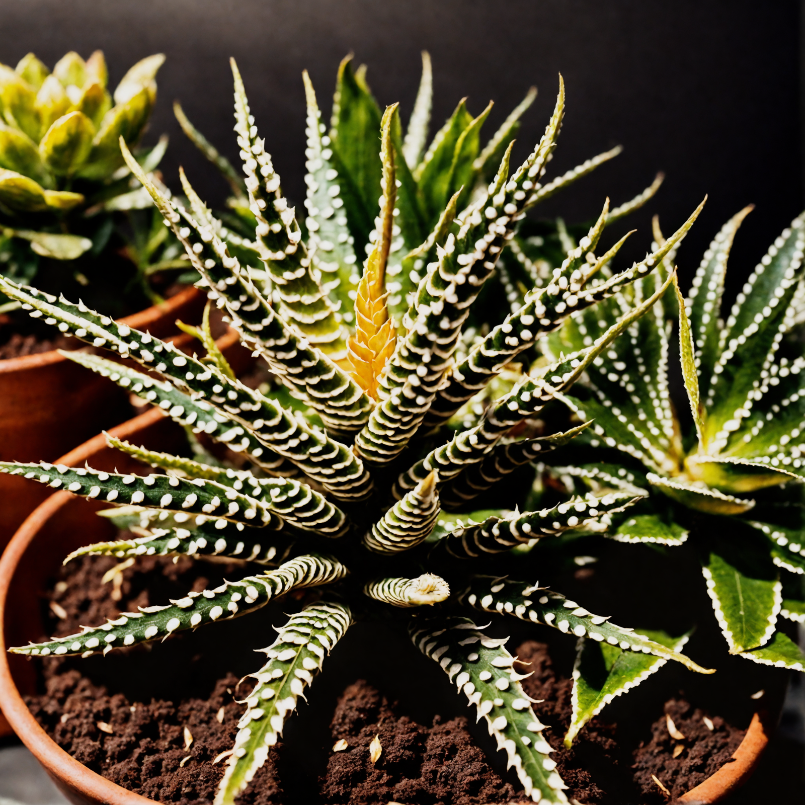 Haworthiopsis fasciata in a bowl planter, with leaf detail, against a dark background in a well-lit room.