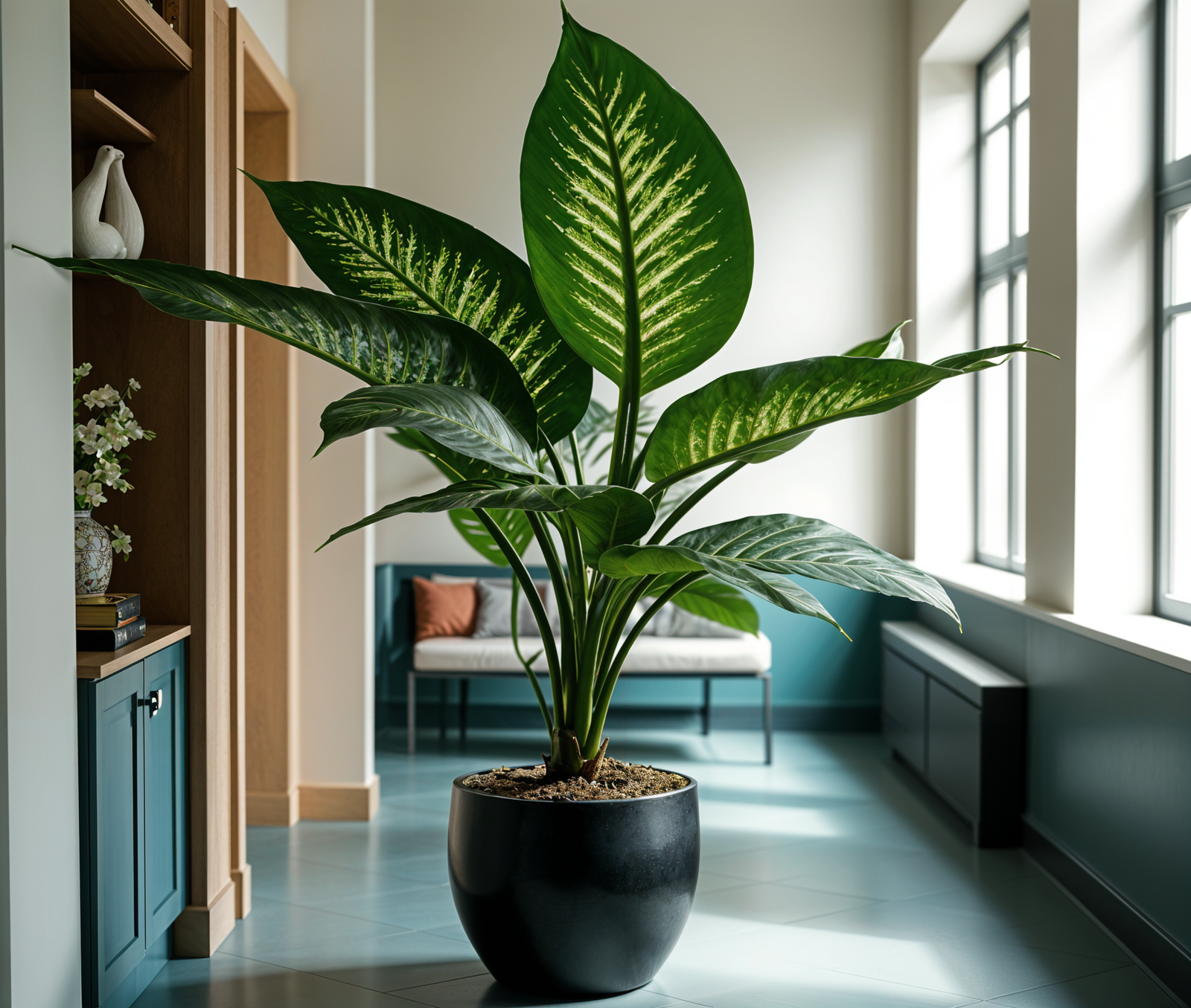 A large green Dieffenbachia seguine plant in a black pot.