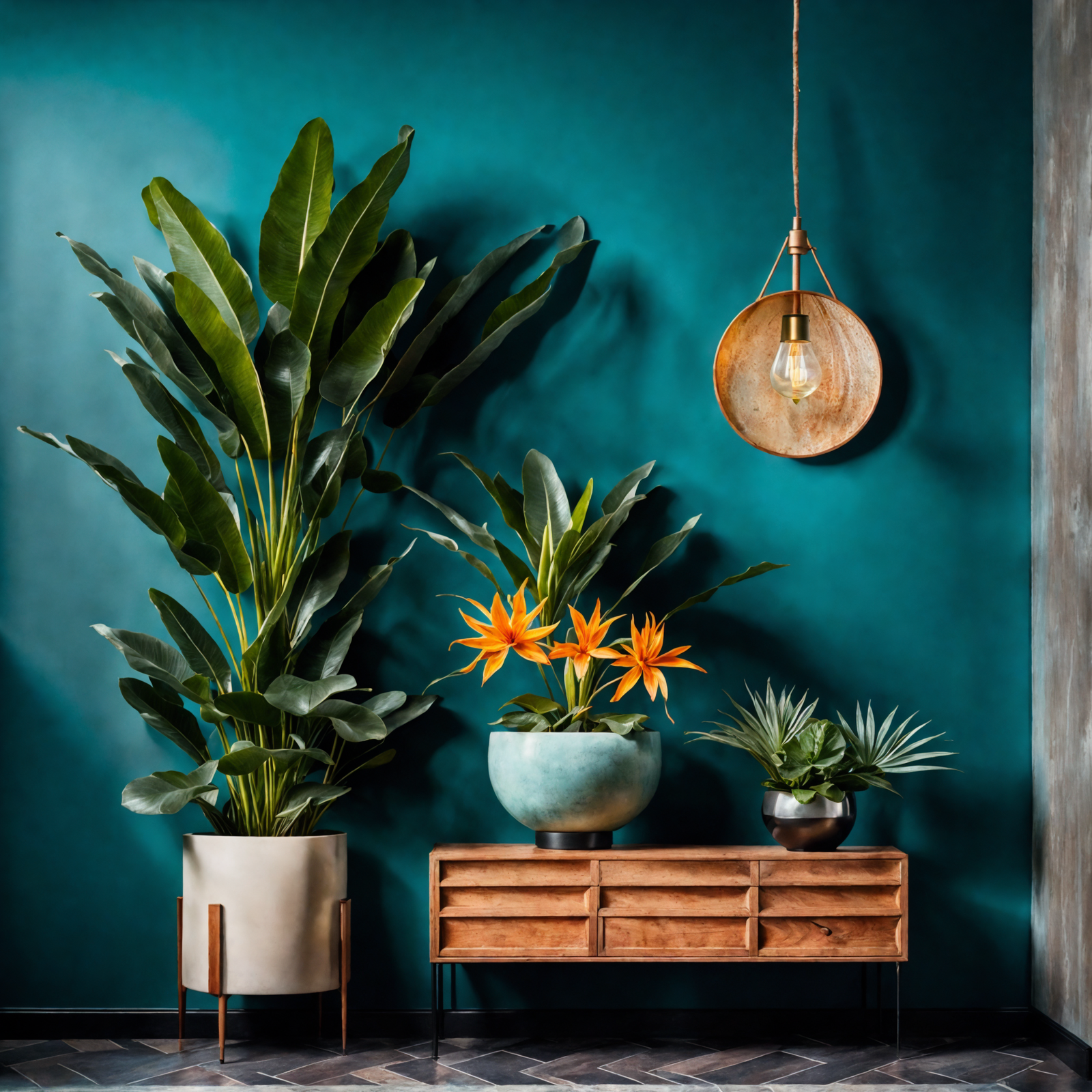 Three vases with Strelitzia reginae on black floor, teal and Cambridge blue decor.