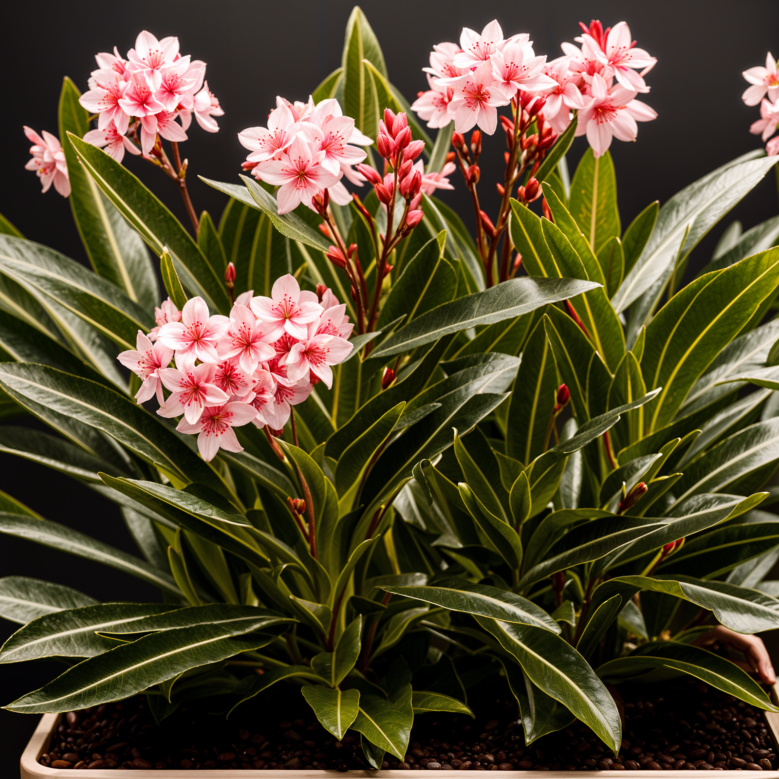 Nerium oleander shrub with flowers in a planter, under clear lighting, against a dark background.