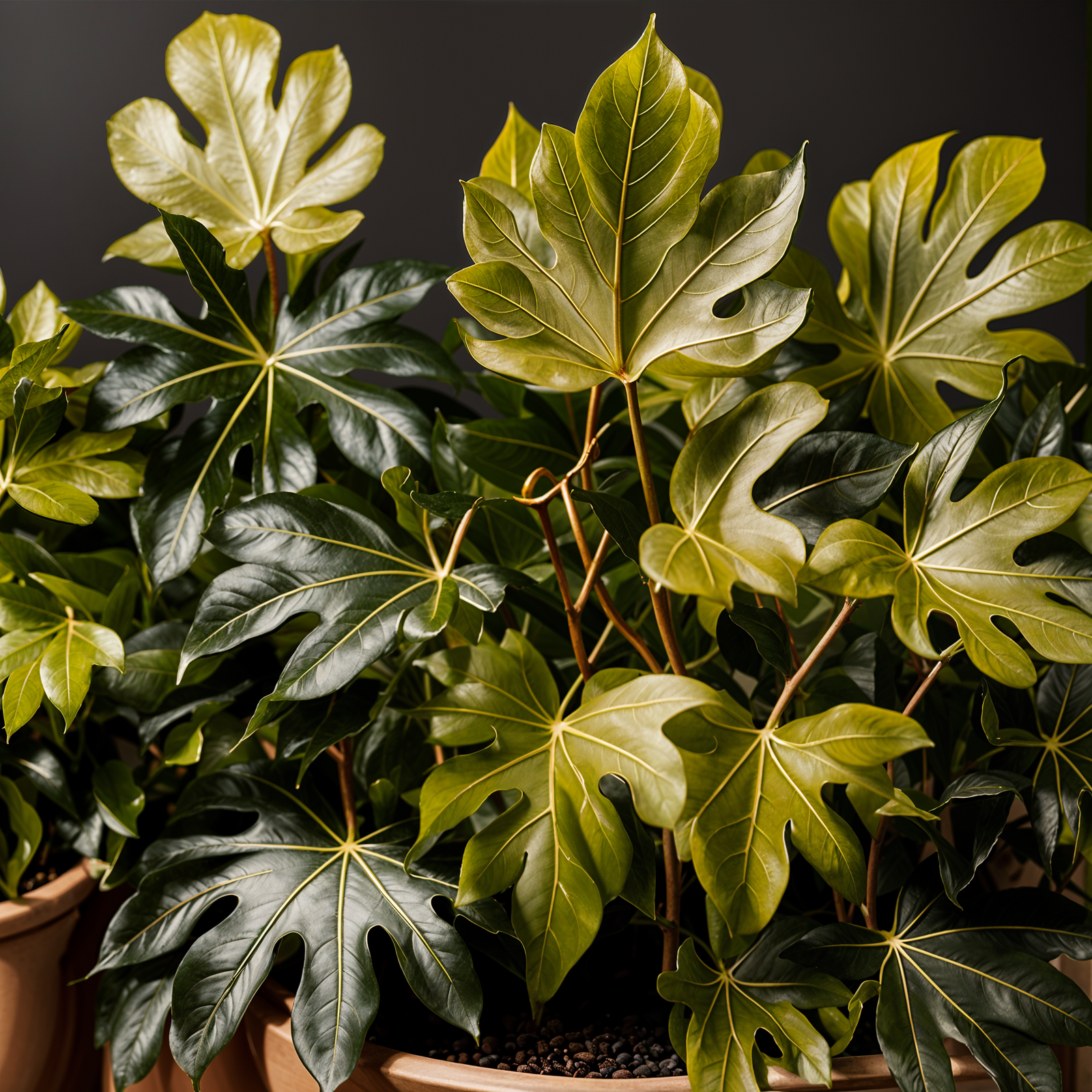 Highly detailed Fatsia japonica plant in a planter, indoors with clear lighting and dark background.