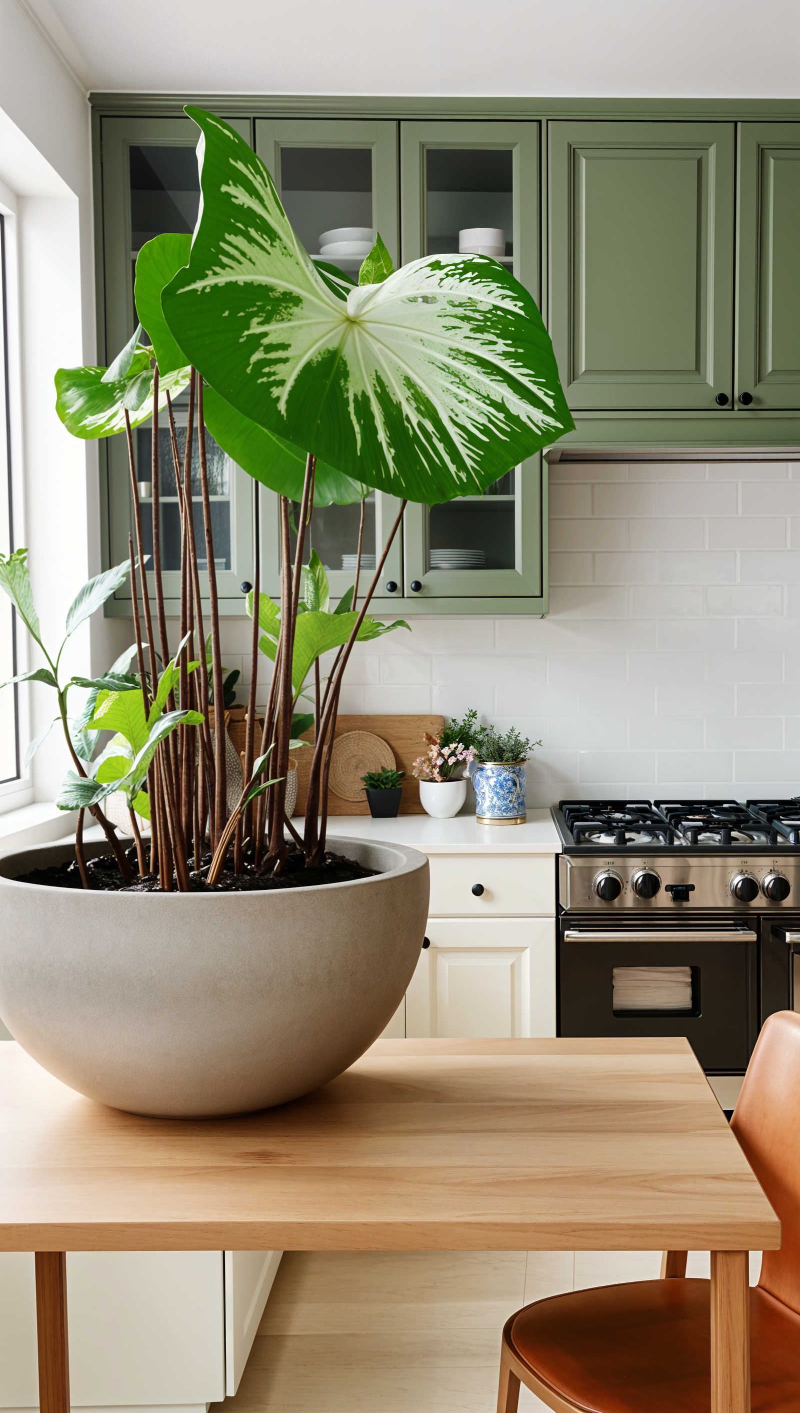 A potted Caladium bicolor plant on a wooden table in a clean, minimal room with natural lighting.